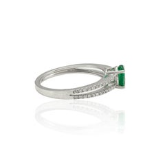 Genuine Oval Cut Emerald and Diamond Ring in Solid 18k White Gold