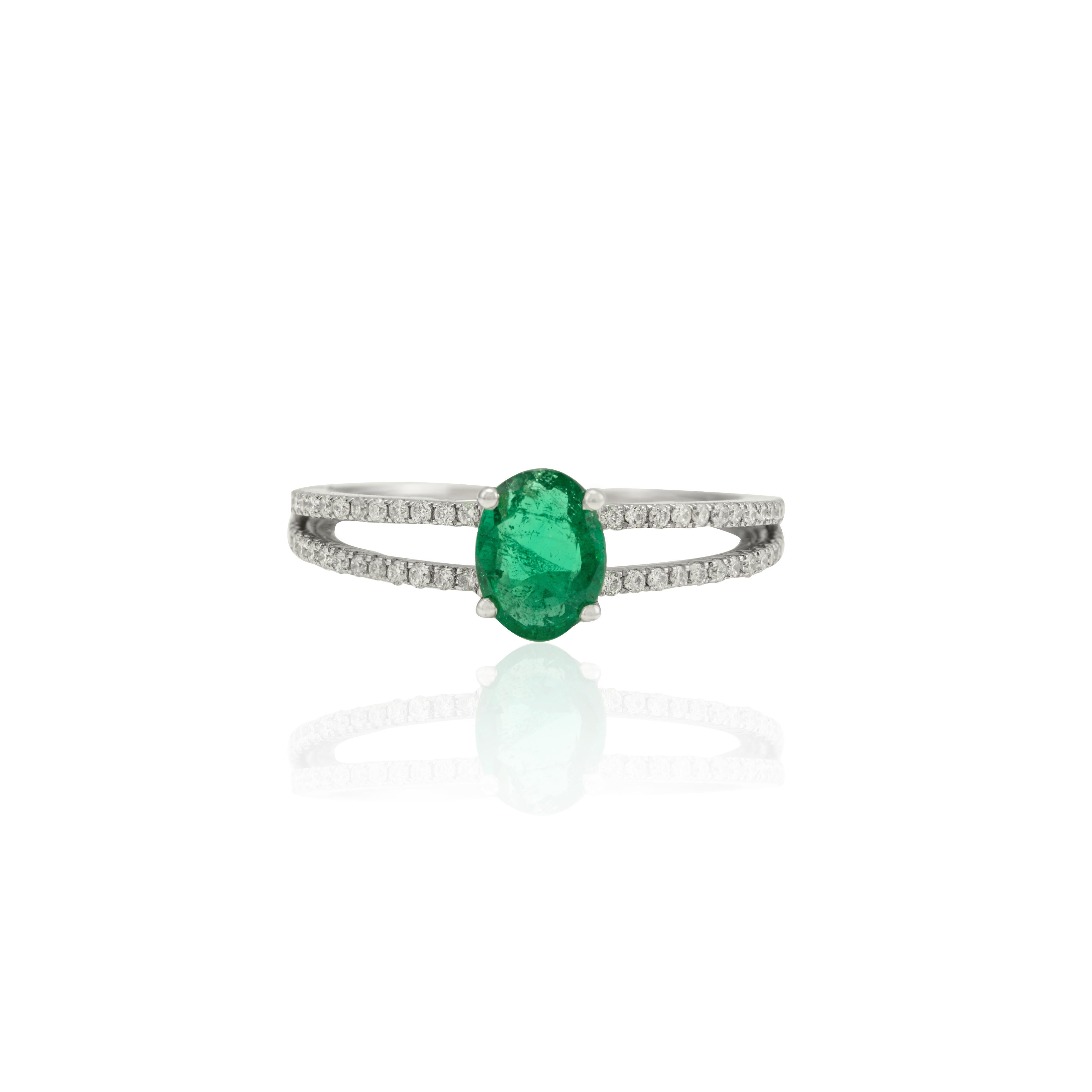 For Sale:  Genuine Oval Cut Emerald and Diamond Ring in Solid 18k White Gold 7