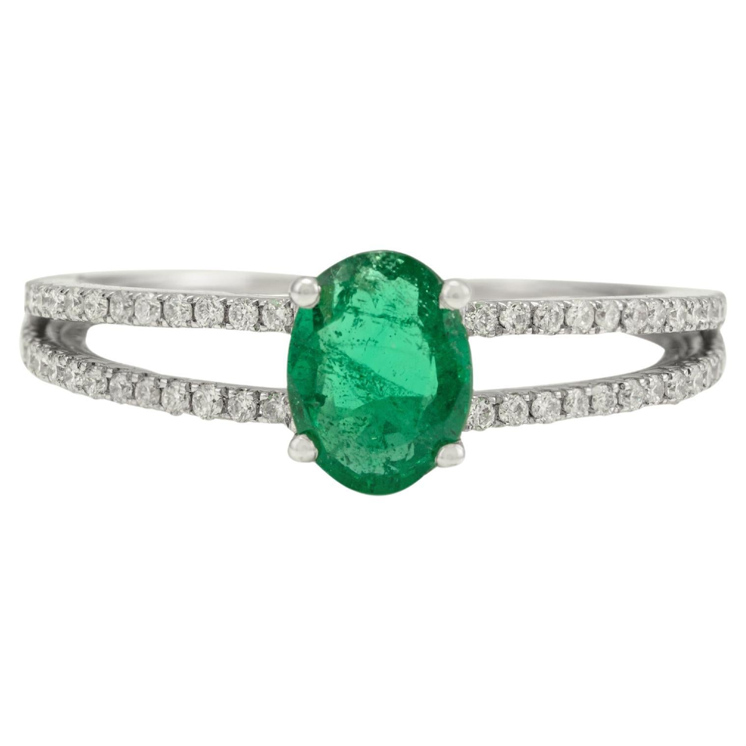 Genuine Oval Cut Emerald and Diamond Ring in Solid 18k White Gold