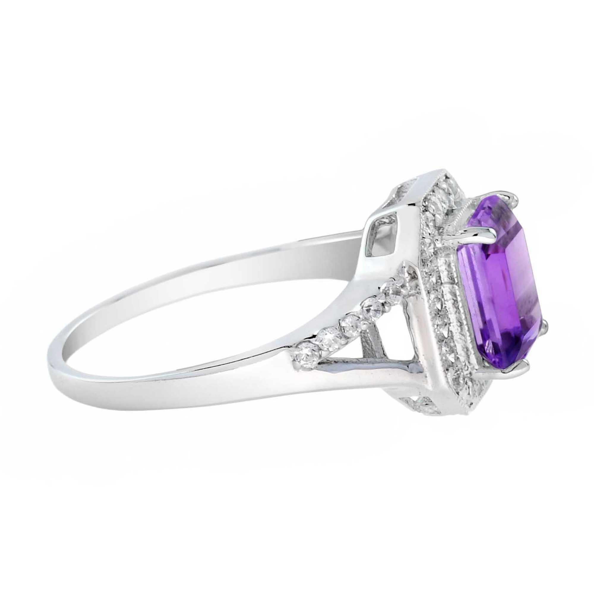 Art Deco Split Shank Emerald Cut Purple Violet Amethyst & Diamond 14K White Gold Ring For Sale