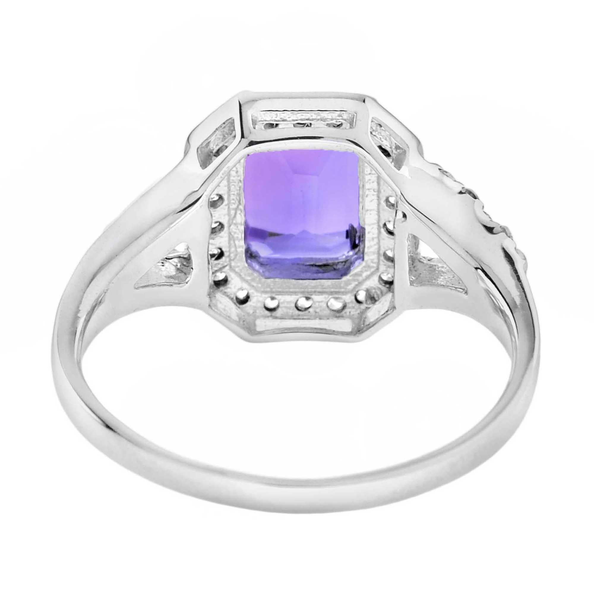 Split Shank Emerald Cut Purple Violet Amethyst & Diamond 14K White Gold Ring In New Condition For Sale In Oakton, VA