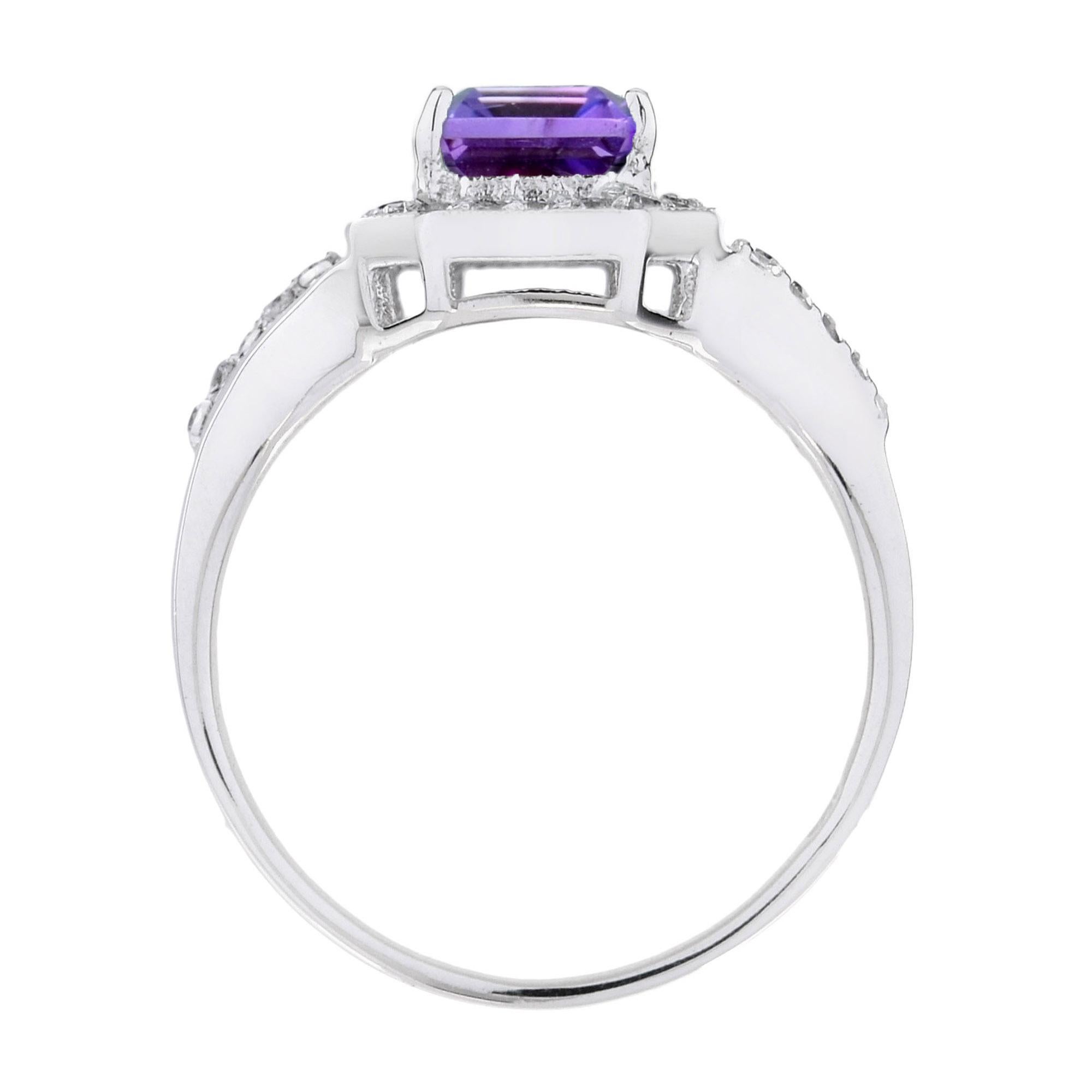 Women's Split Shank Emerald Cut Purple Violet Amethyst & Diamond 14K White Gold Ring For Sale