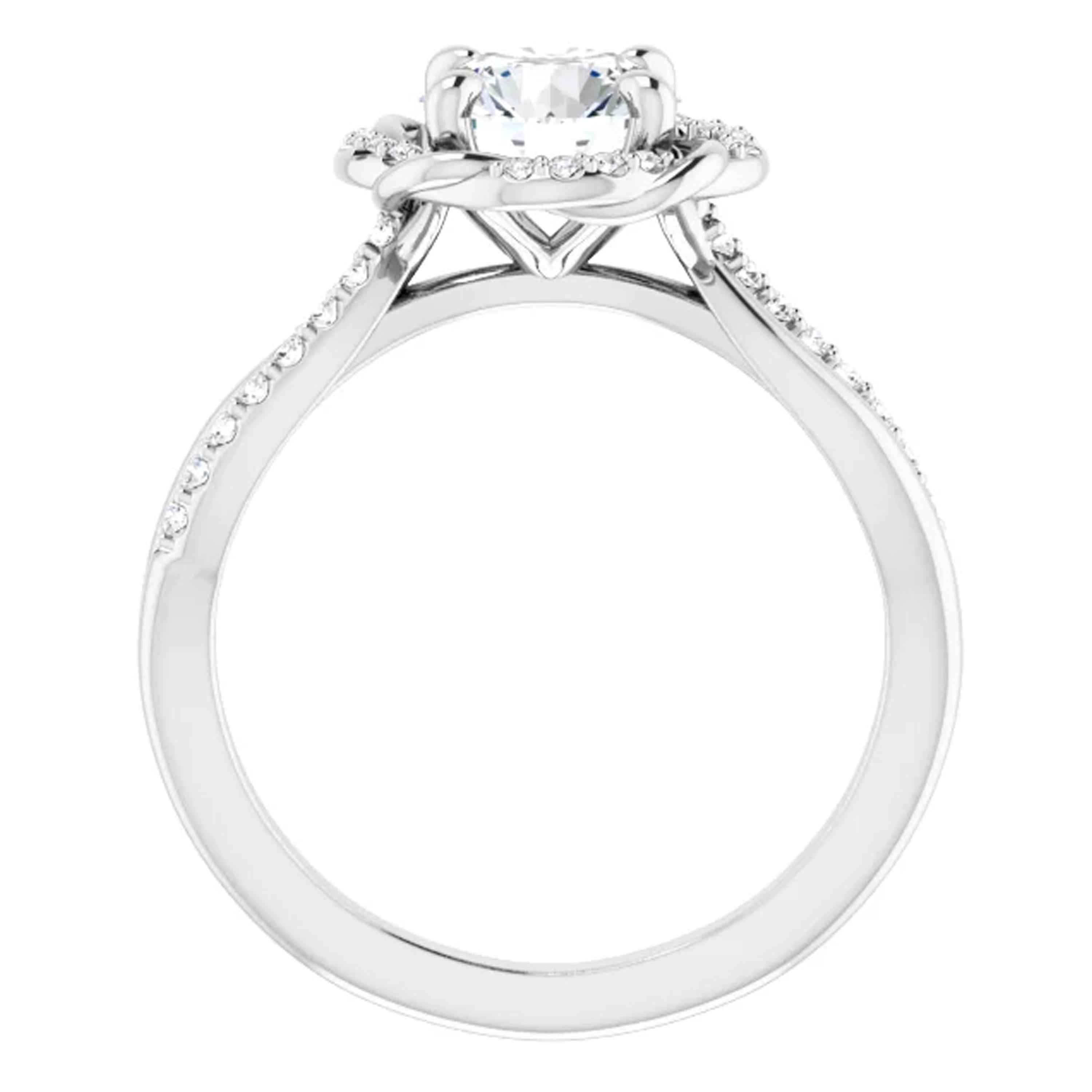 This unique engagement ring features a twisted diamond accented halo. Shimmering diamonds line the split shank and surround the halo. Propose with confidence with this breathtaking ring that guarantees captivating her heart.

Style No. :