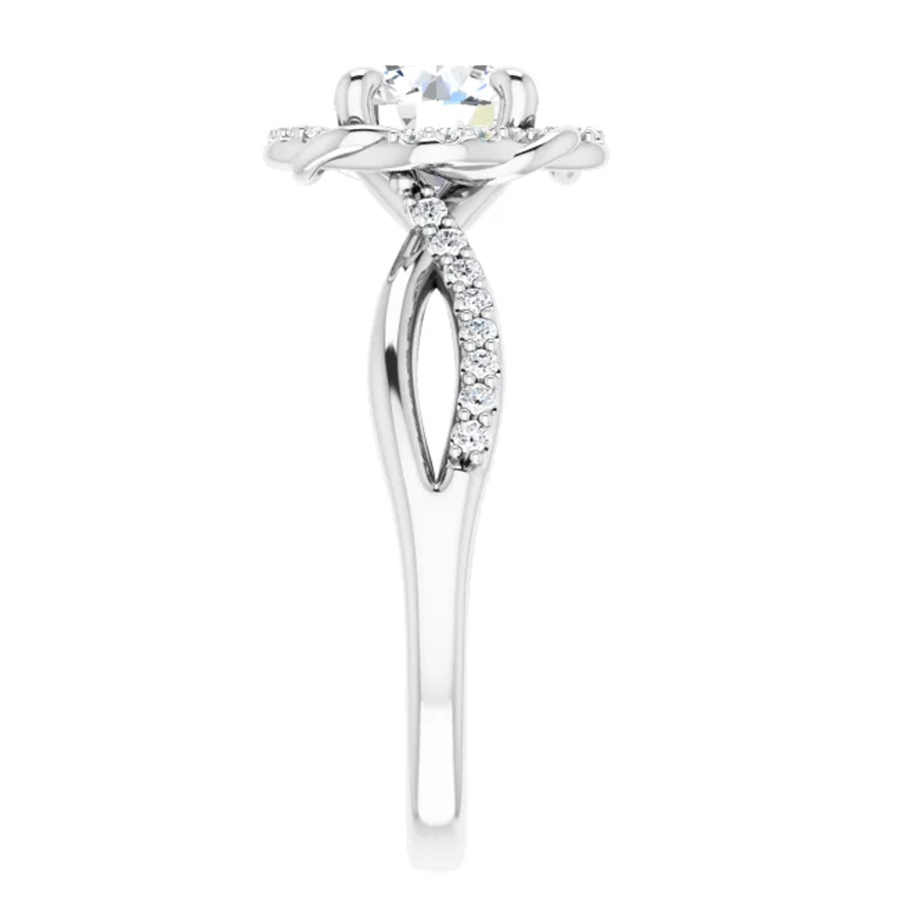 Contemporary Split Shank Halo Diamond Round Brilliant GIA Engagement Ring 14k White Gold For Sale