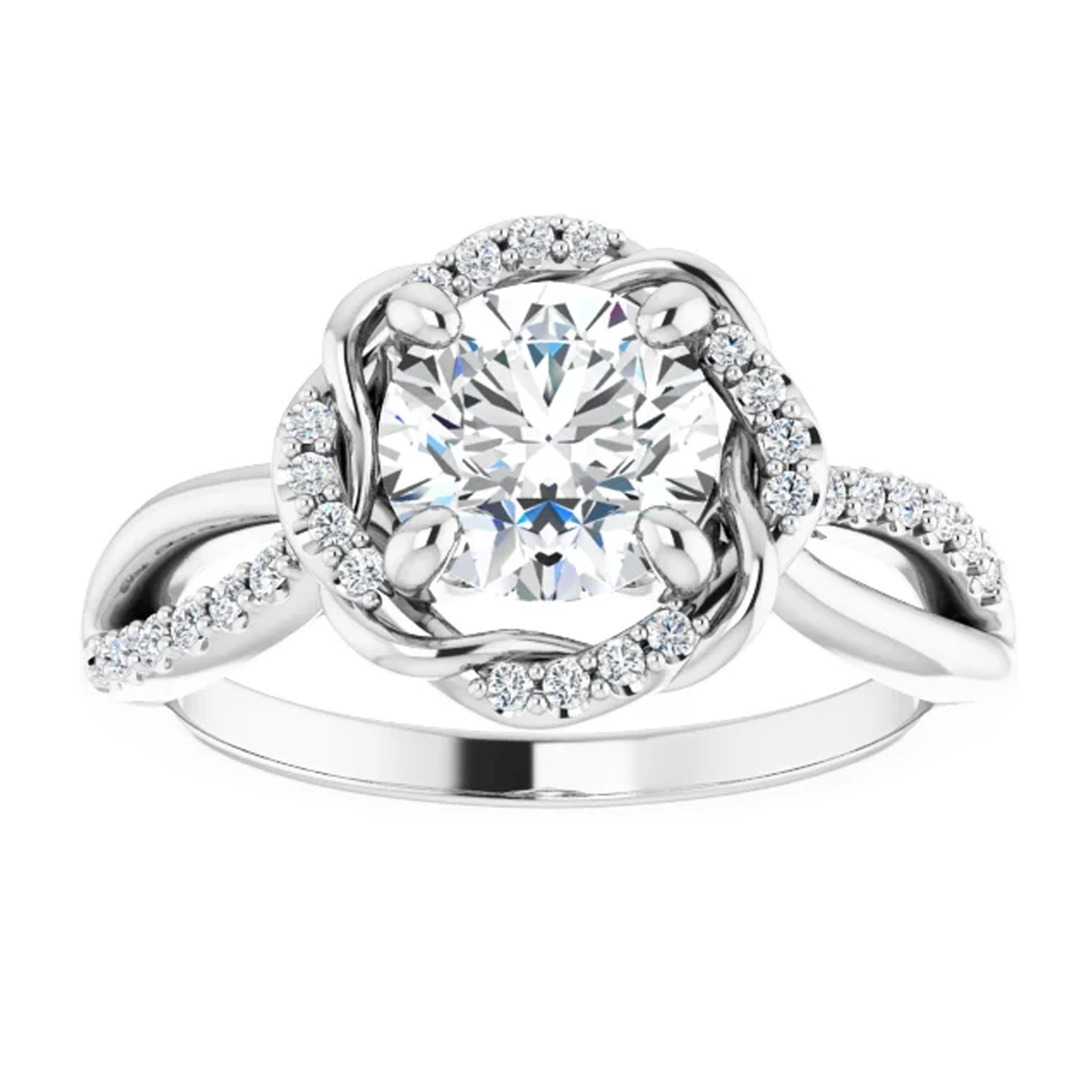Round Cut Split Shank Halo Diamond Round Brilliant GIA Engagement Ring 14k White Gold For Sale
