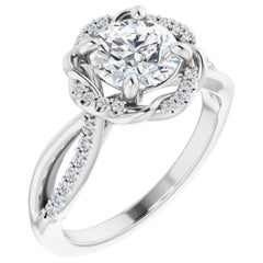 Split Shank Halo Diamond Round Brilliant GIA Engagement Ring 14k White Gold