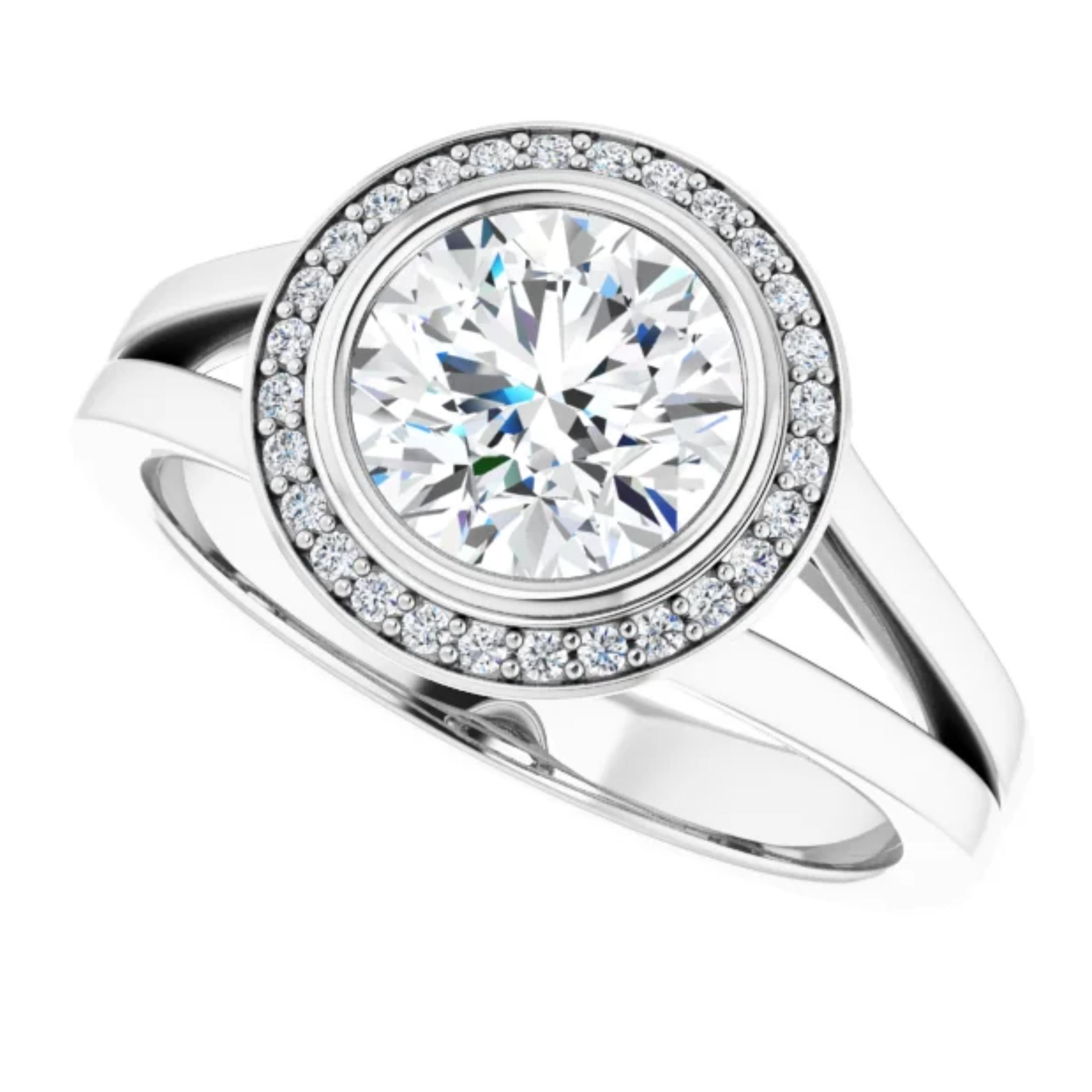 Contemporary Split Shank Halo GIA Round Brilliant White Diamond Engagement Ring For Sale