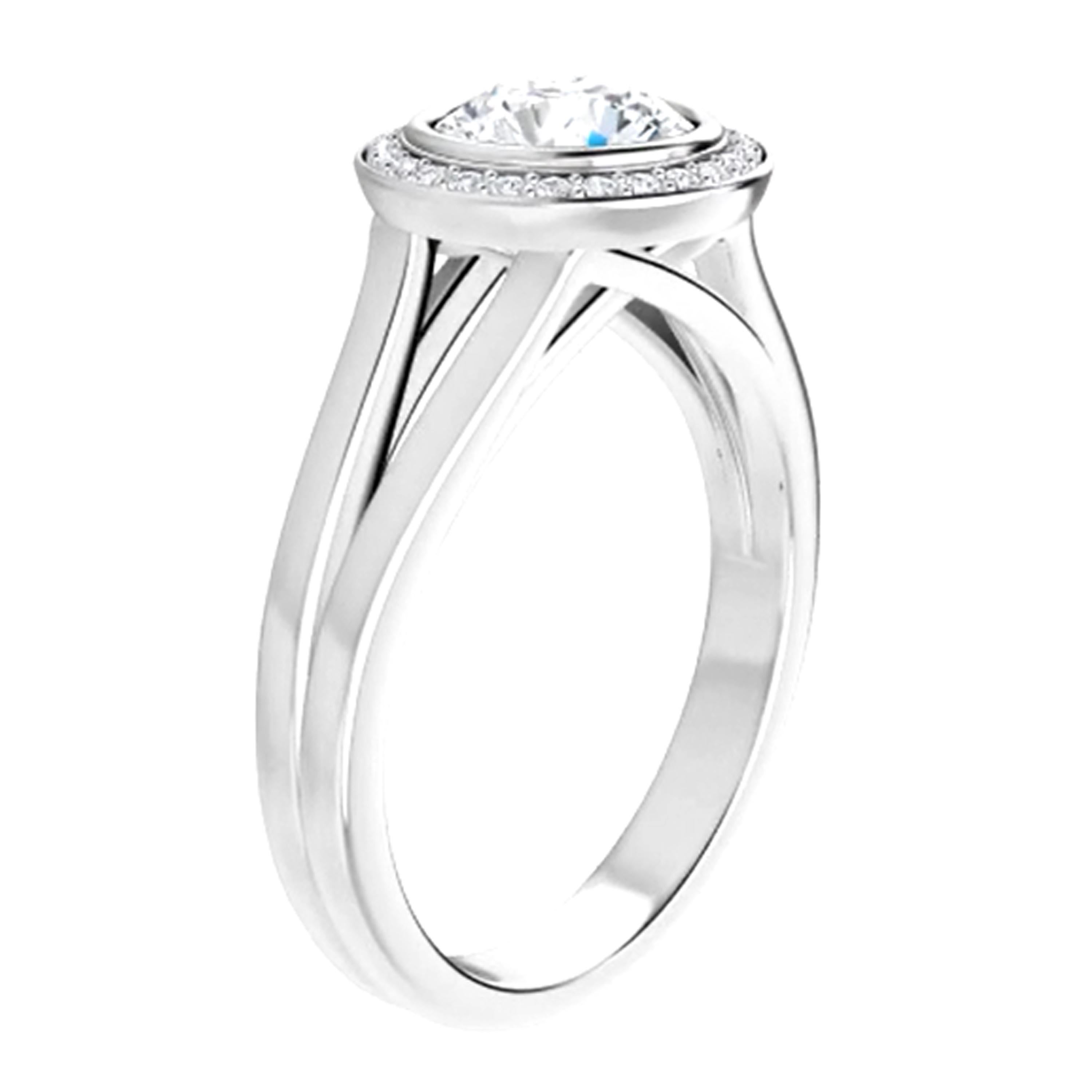 Round Cut Split Shank Halo GIA Round Brilliant White Diamond Engagement Ring For Sale