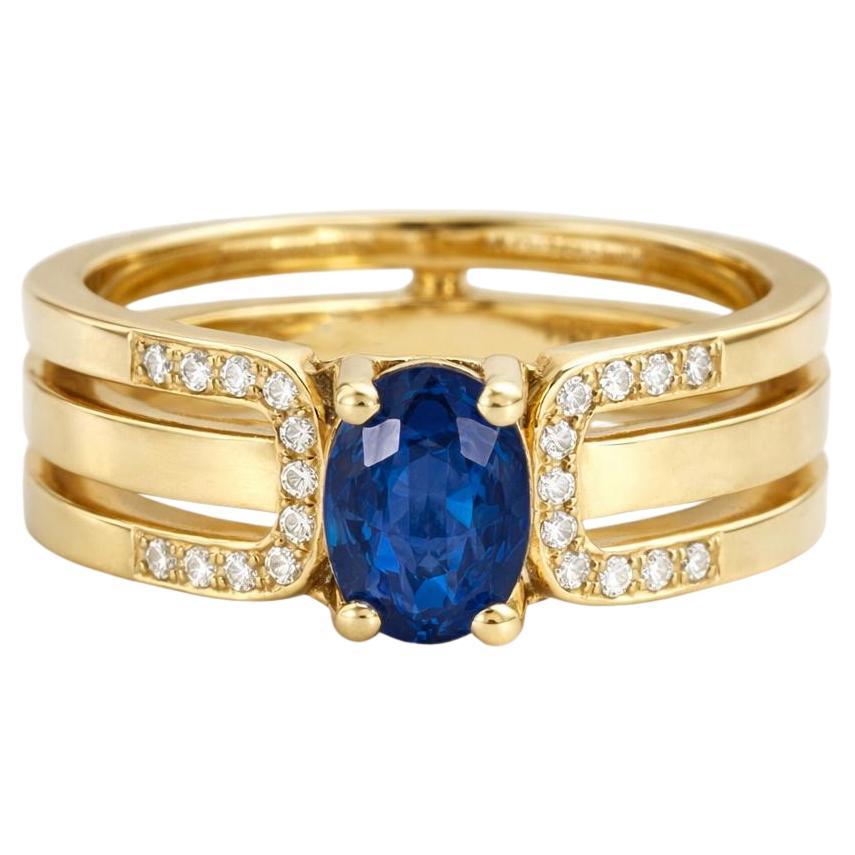 Verlobungsring mit geteiltem Schaft und ovalem Saphir, Silber, Gold