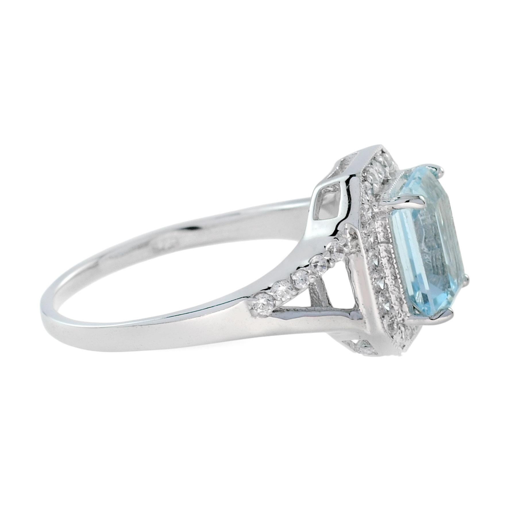 Art Deco Split Shank Rectangle Emerald Cut Blue Aquamarine 14K White Gold Diamond Ring For Sale