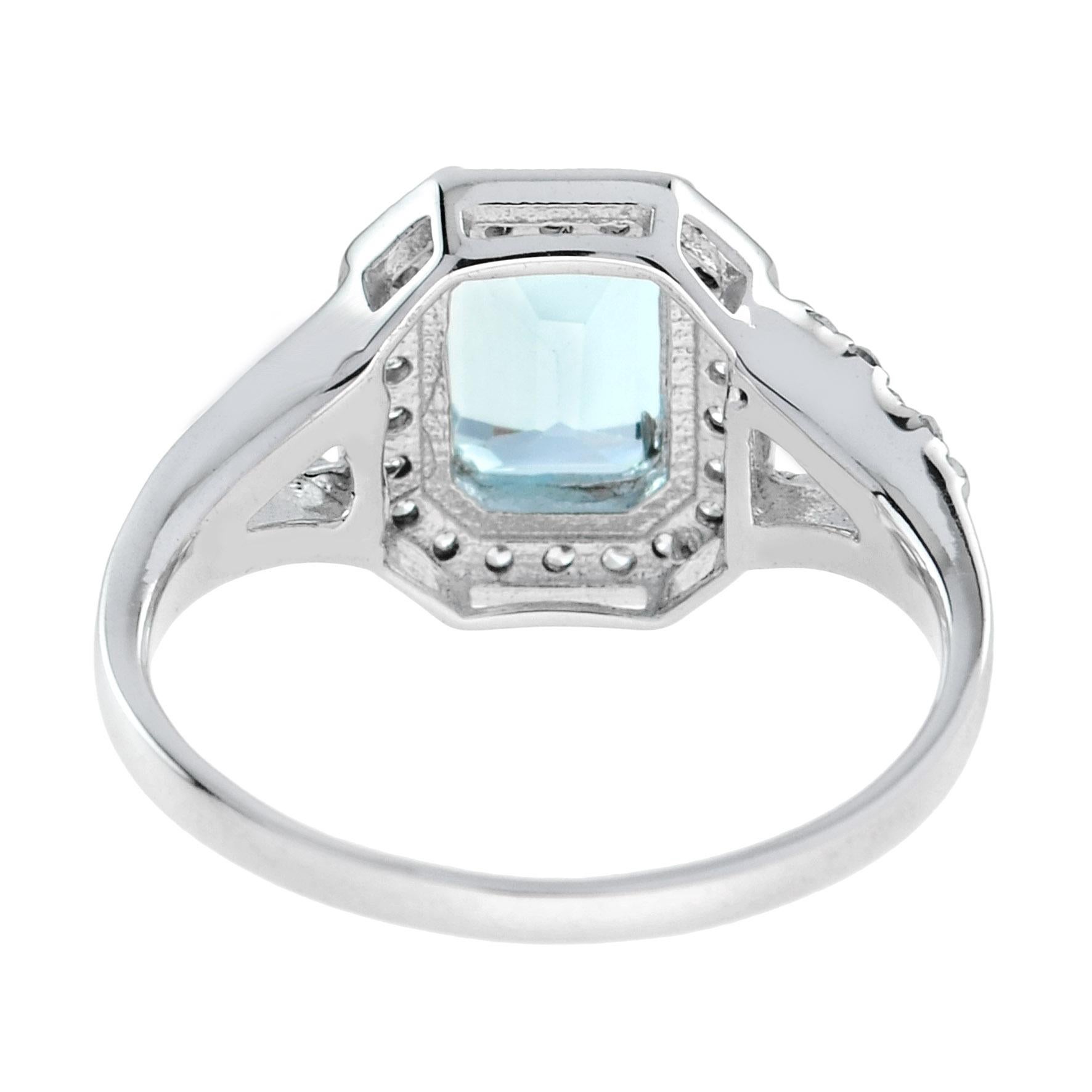 Women's or Men's Split Shank Rectangle Emerald Cut Blue Aquamarine 14K White Gold Diamond Ring For Sale