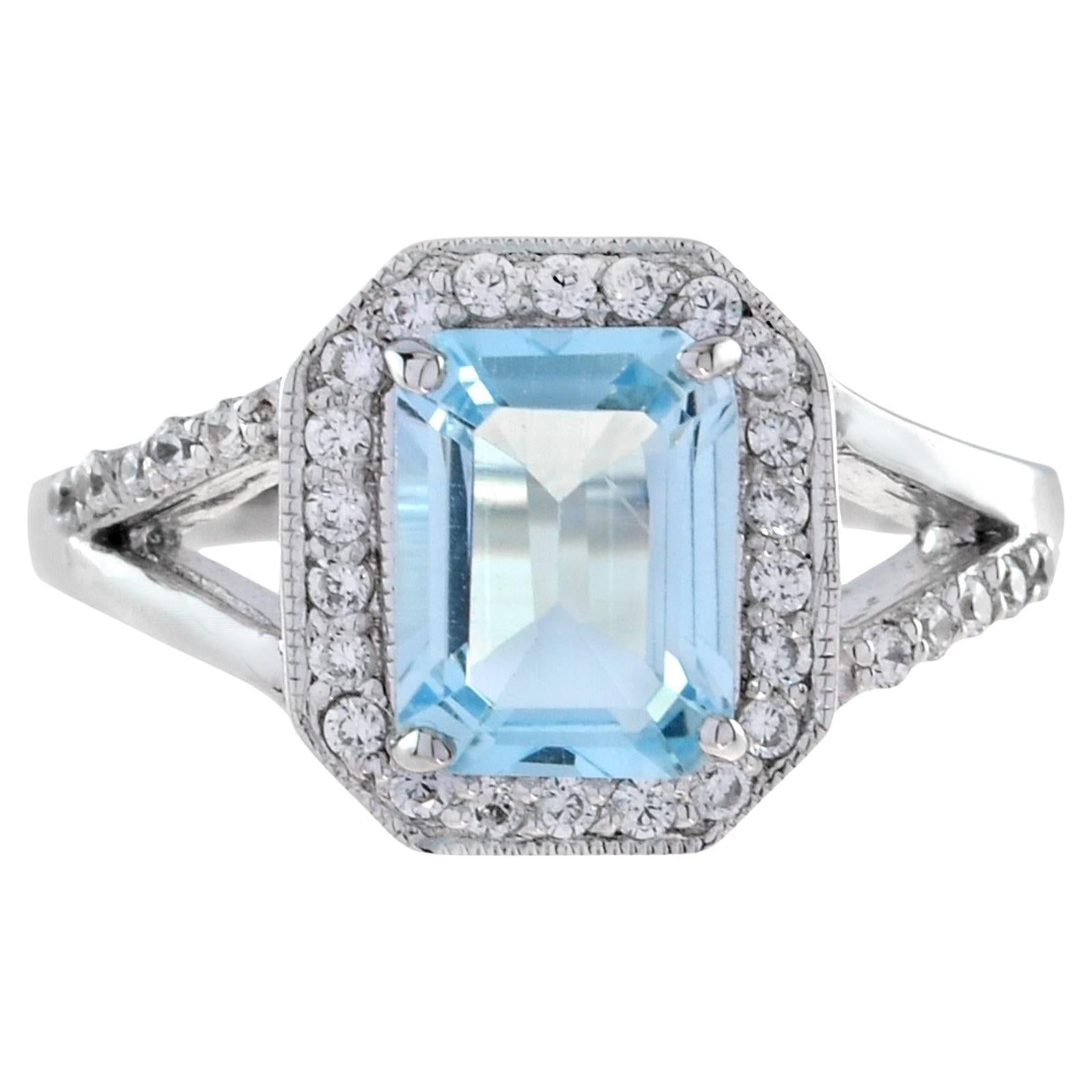Split Shank Rectangle Emerald Cut Blue Aquamarine 14K White Gold Diamond Ring