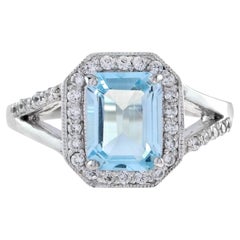 Split Shank Rectangle Emerald Cut Blue Aquamarine 14K White Gold Diamond Ring