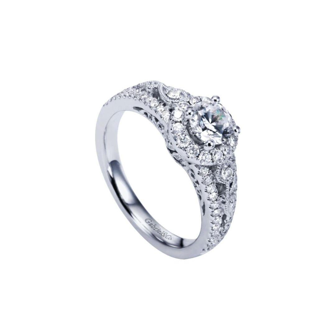 Round Cut Split Shank White Gold Diamond Engagement Ring For Sale