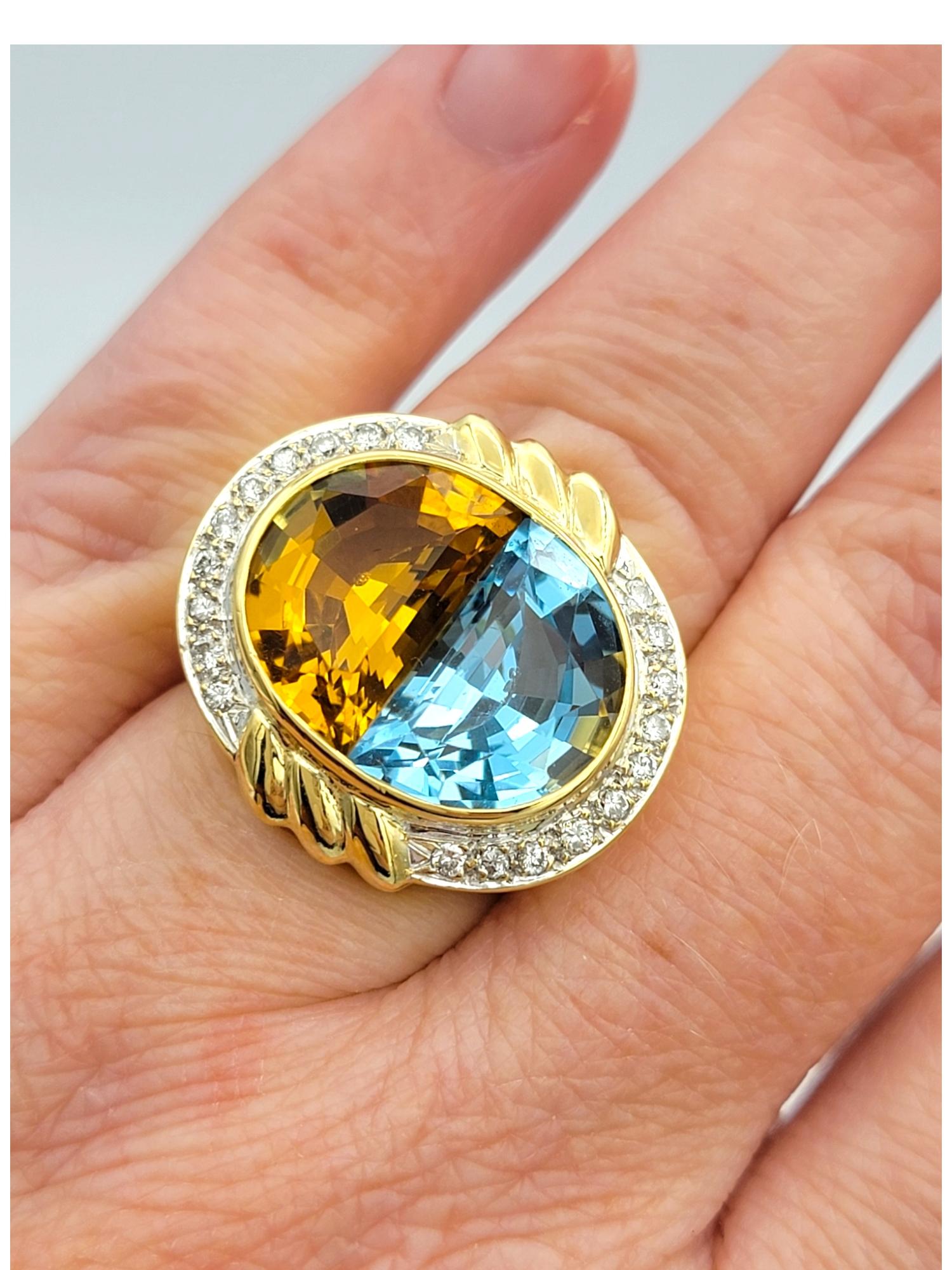 Split Topaz and Citrine Cocktail Ring with Diamonds in 18 Karat Yellow Gold For Sale 4
