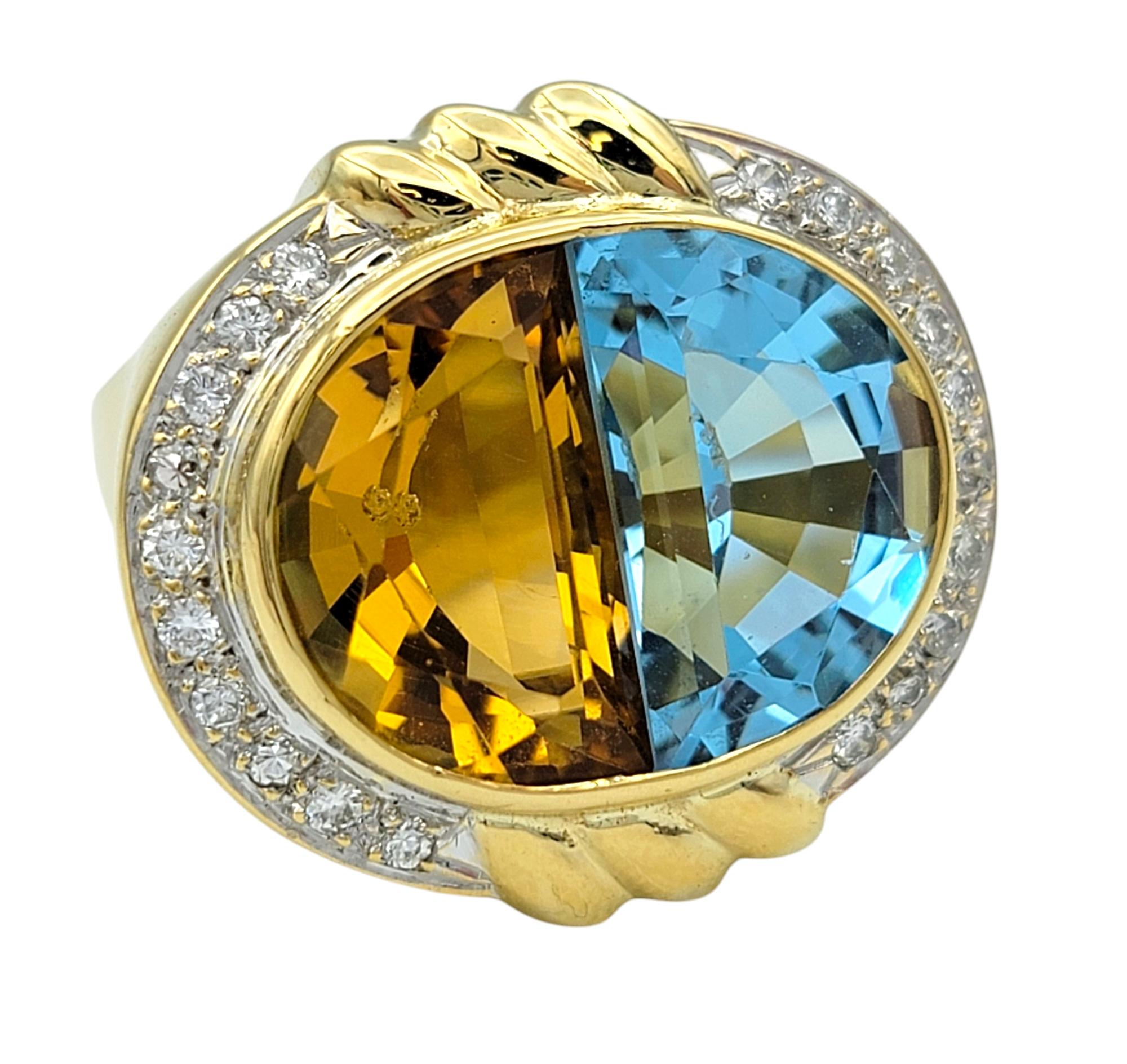 Ring Size: 6

This captivating ring is a masterpiece of color and elegance, showcasing a mesmerizing pairing of vibrant gemstones. At its heart, a half-moon cut blue topaz and a half-moon cut citrine sit side by side, creating a stunning interplay