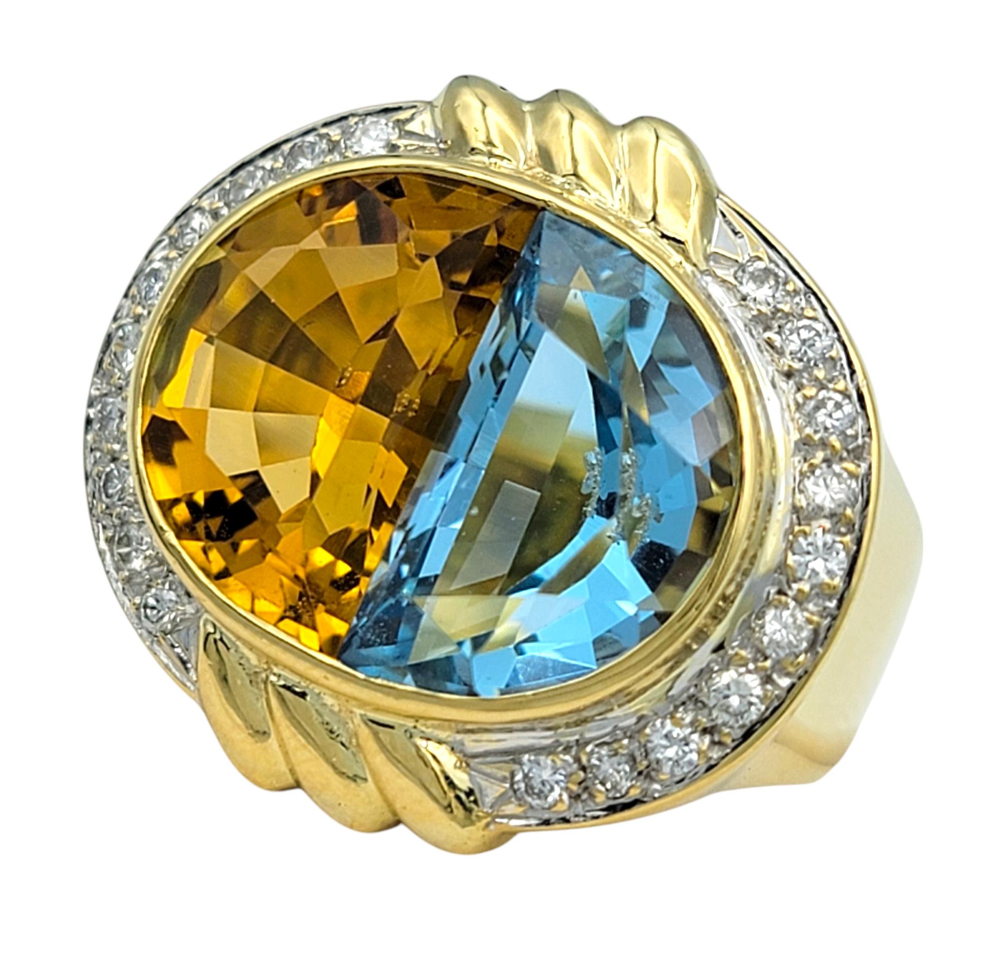 Contemporary Split Topaz and Citrine Cocktail Ring with Diamonds in 18 Karat Yellow Gold For Sale
