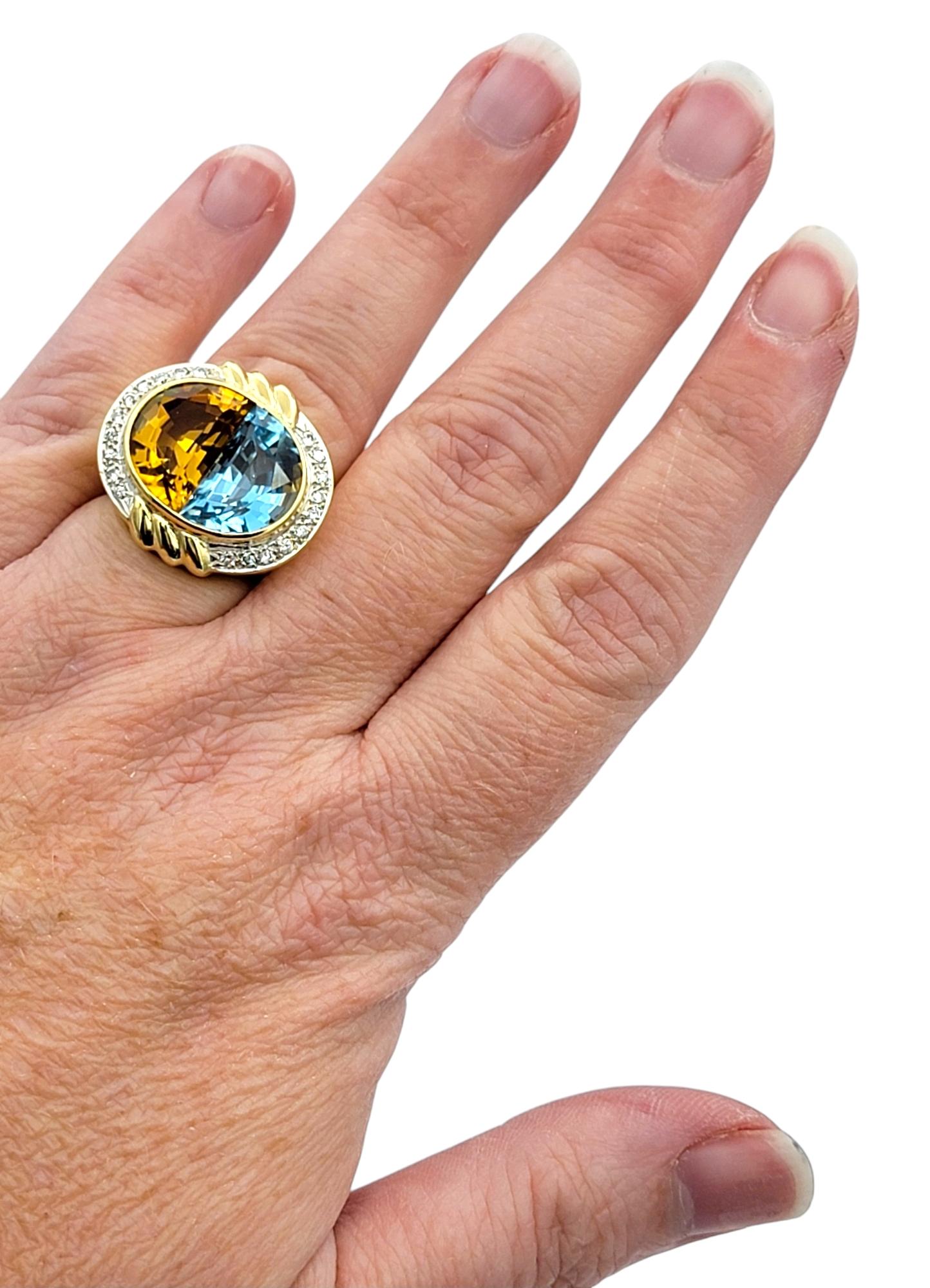 Split Topaz and Citrine Cocktail Ring with Diamonds in 18 Karat Yellow Gold For Sale 3