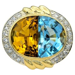 Anillo Cóctel Topacio Dividido y Citrino con Diamantes en Oro Amarillo de 18 Kilates