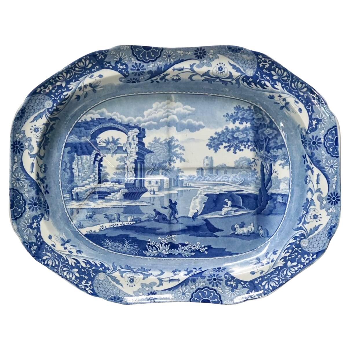 Plato grande con pozo y árbol Spode azul y blanco, hacia 1820
