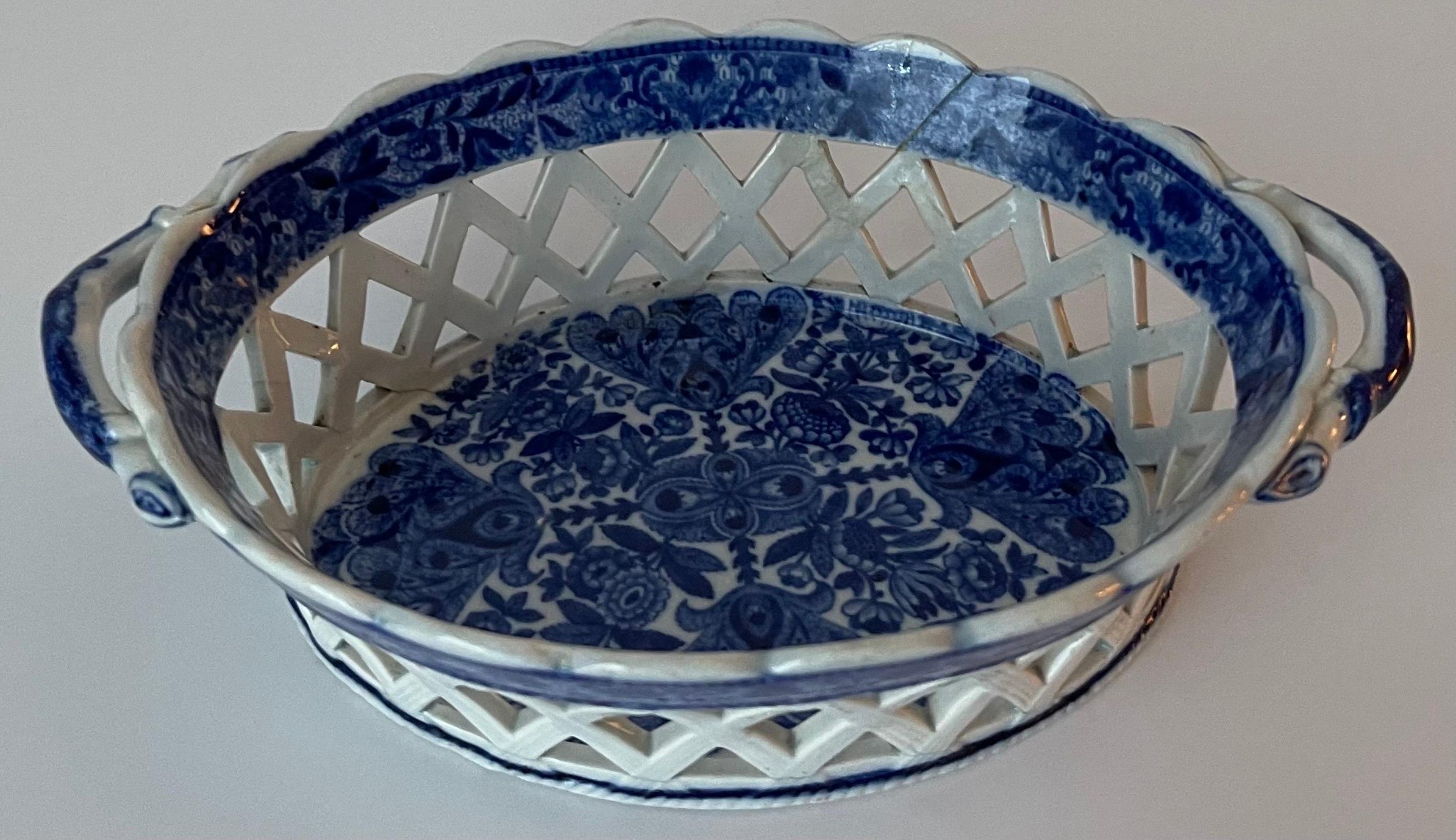Antique Spode porcelain blue and white flower cross pattern chestnut basket.