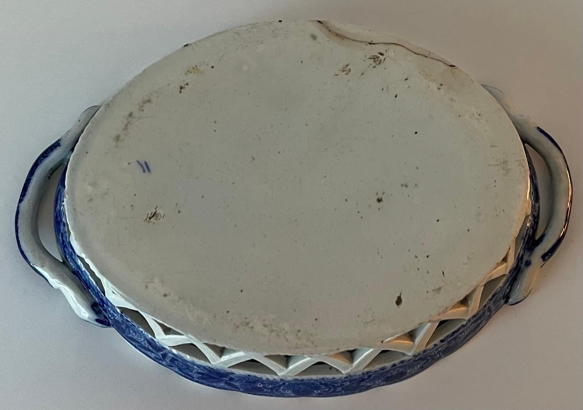 Porcelain Spode Blue & White Flower Cross Chestnut Basket For Sale