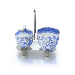 Spode Copeland Blue & White Cream and Sugar Set in Silver-Plated Stand