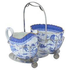 Spode Copeland Blue & White Cream and Sugar Set in Silver-Plated Stand