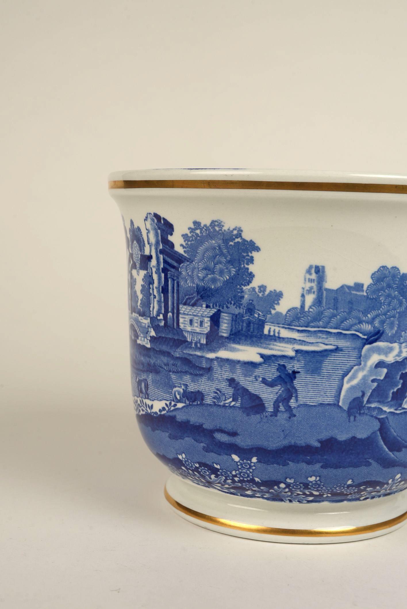 Cotto Copeland Spode Jardiniere Transferware blu e bianco con doratura in vendita