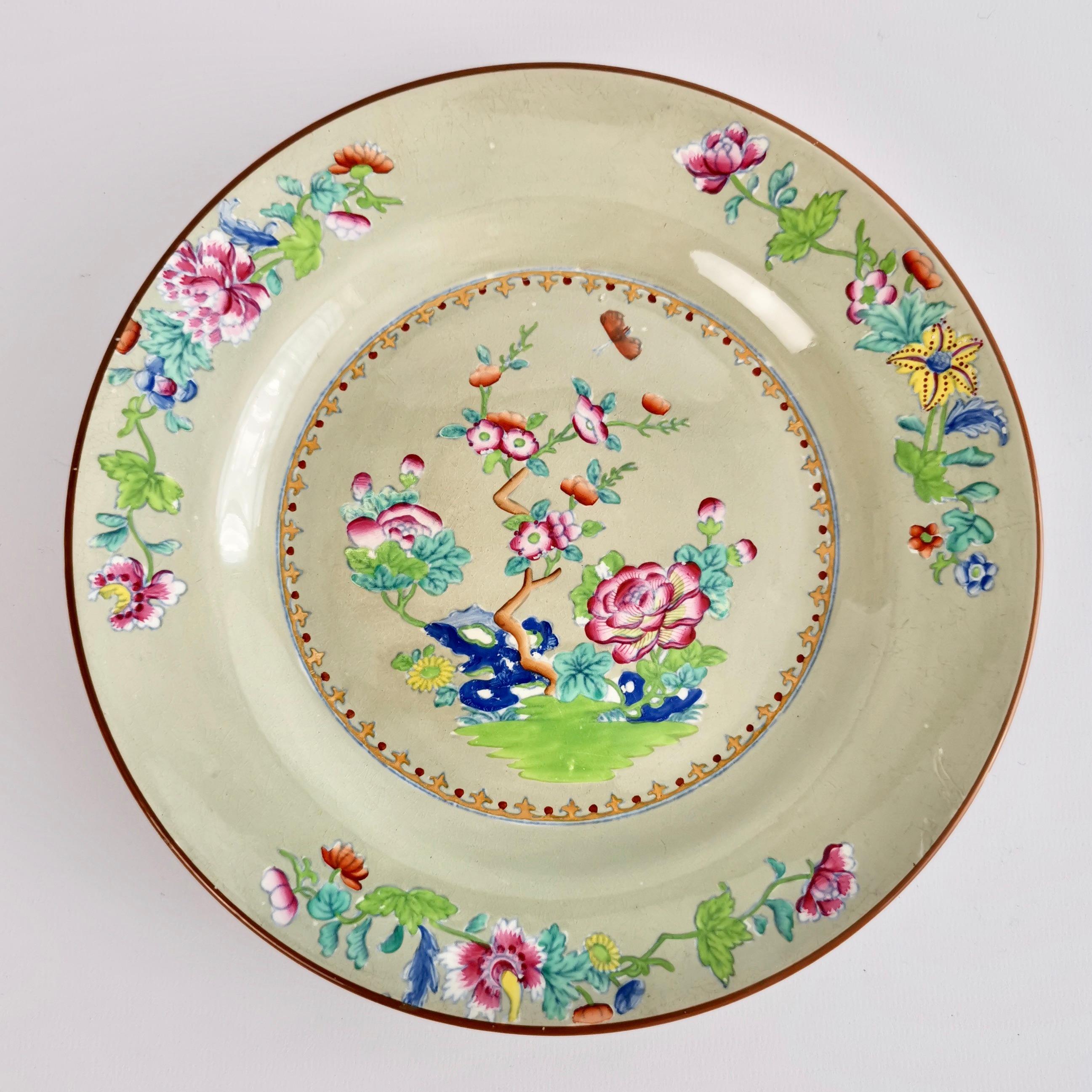 Hand-Painted Spode Creamware Dessert Service, Avocado Green, Chinoiserie, Regency, 1814 For Sale