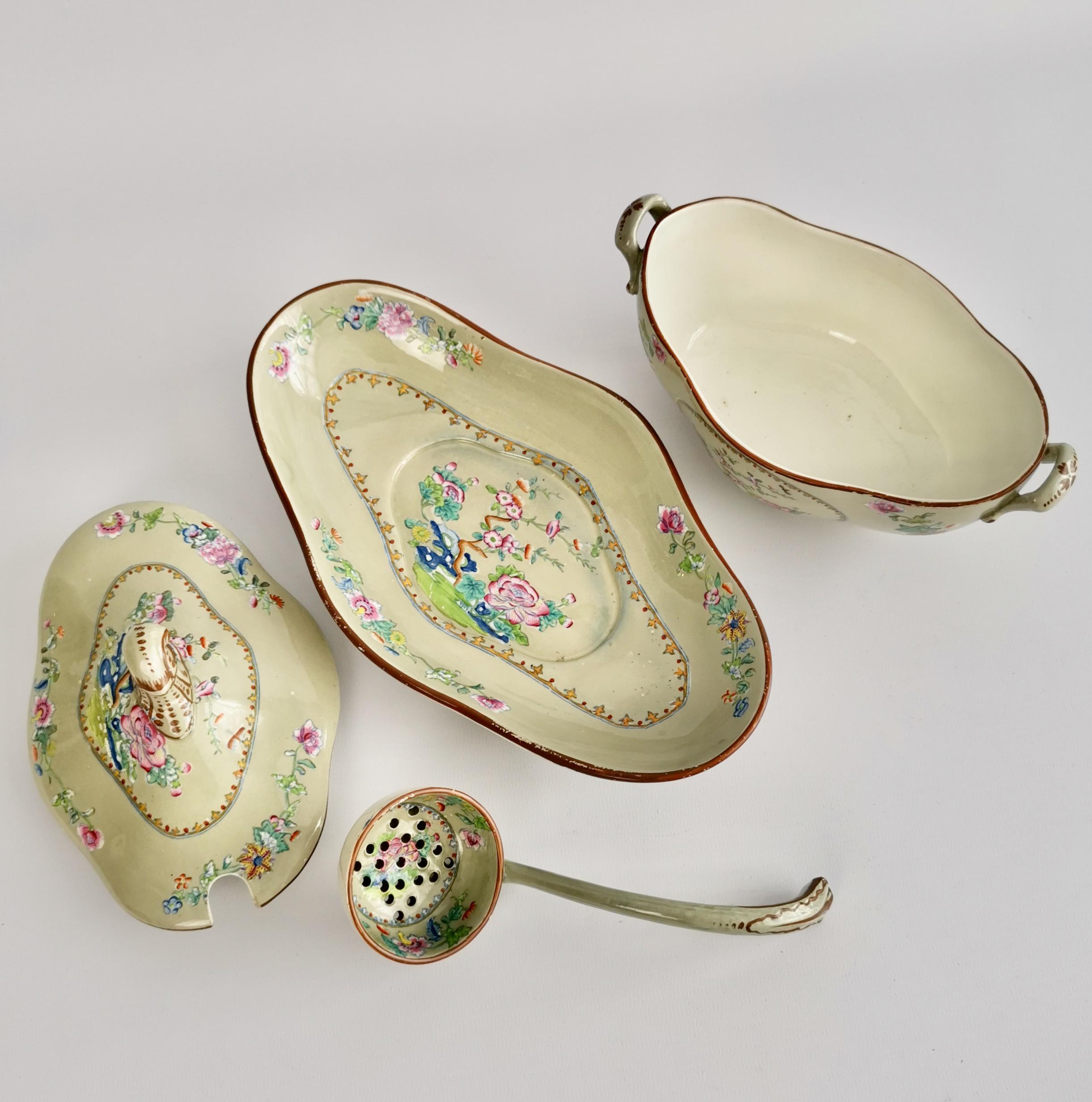 Hand-Painted Spode Creamware Dessert Service, Avocado Green, Chinoiserie, Regency, 1814 For Sale