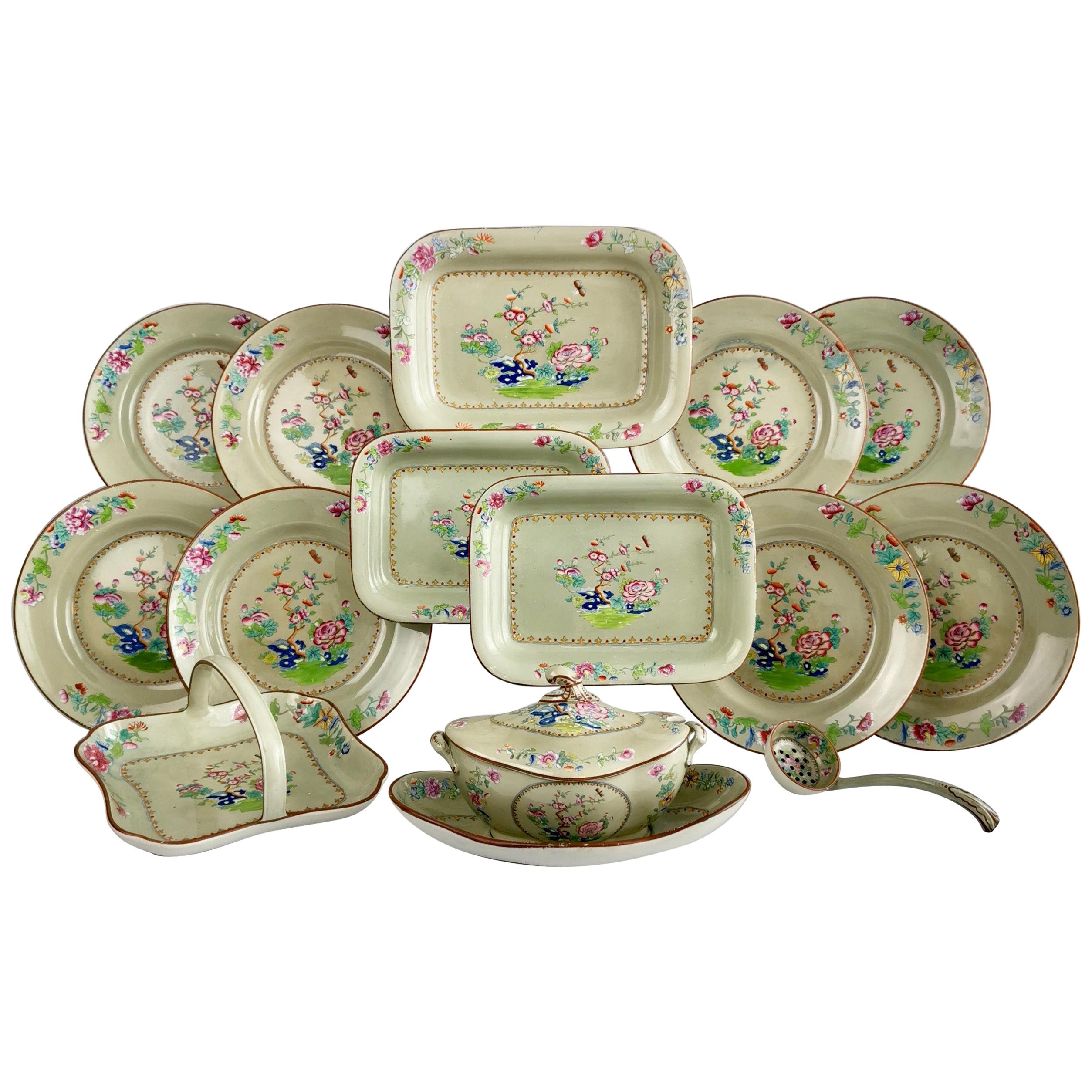 Spode Creamware Dessert Service, Avocado Green, Chinoiserie, Regency, 1814 For Sale