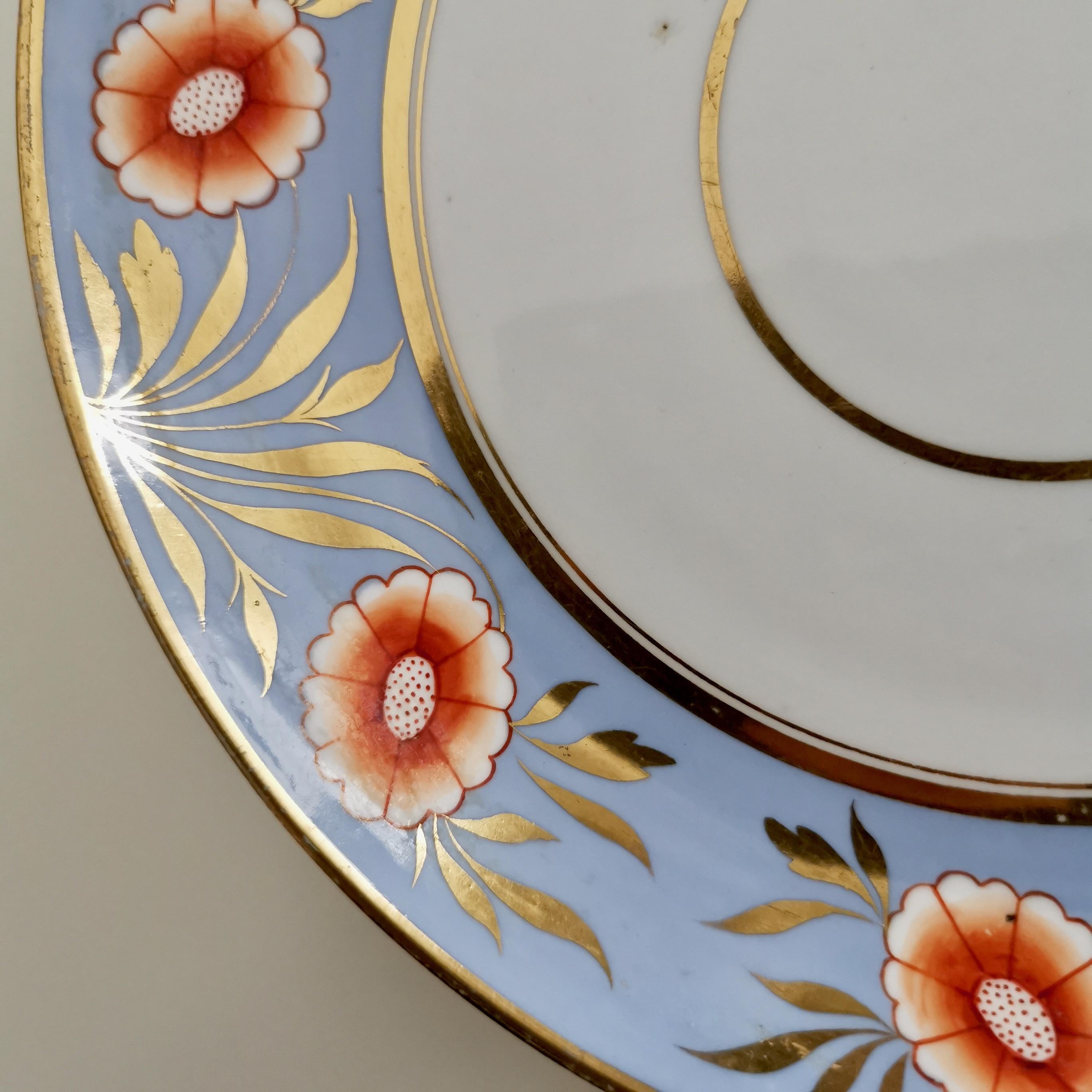 English Spode Deep Porcelain Plate, Periwinkle Blue with Orange Flowers, ca 1815