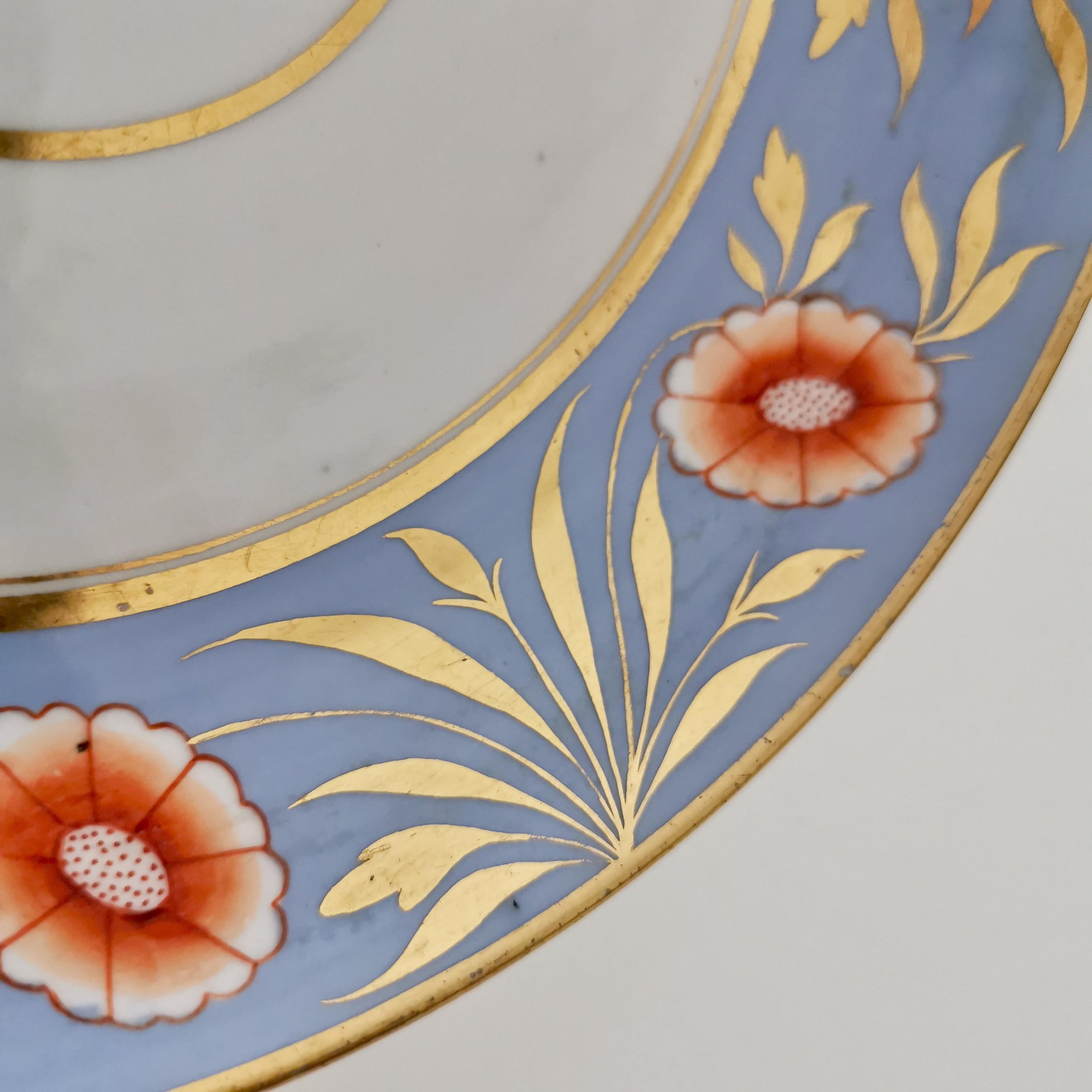 Hand-Painted Spode Deep Porcelain Plate, Periwinkle Blue with Orange Flowers, ca 1815