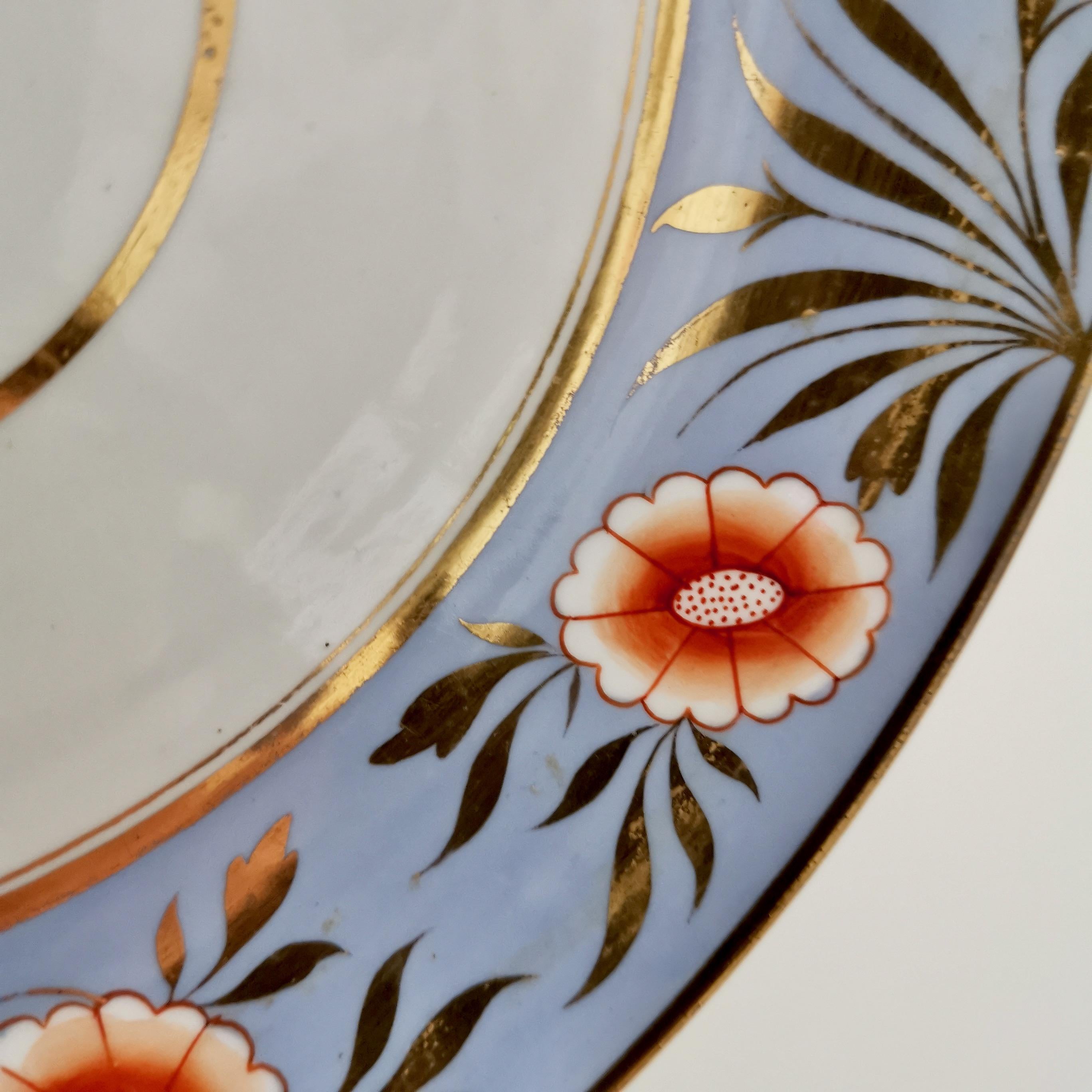 Early 19th Century Spode Deep Porcelain Plate, Periwinkle Blue with Orange Flowers, ca 1815