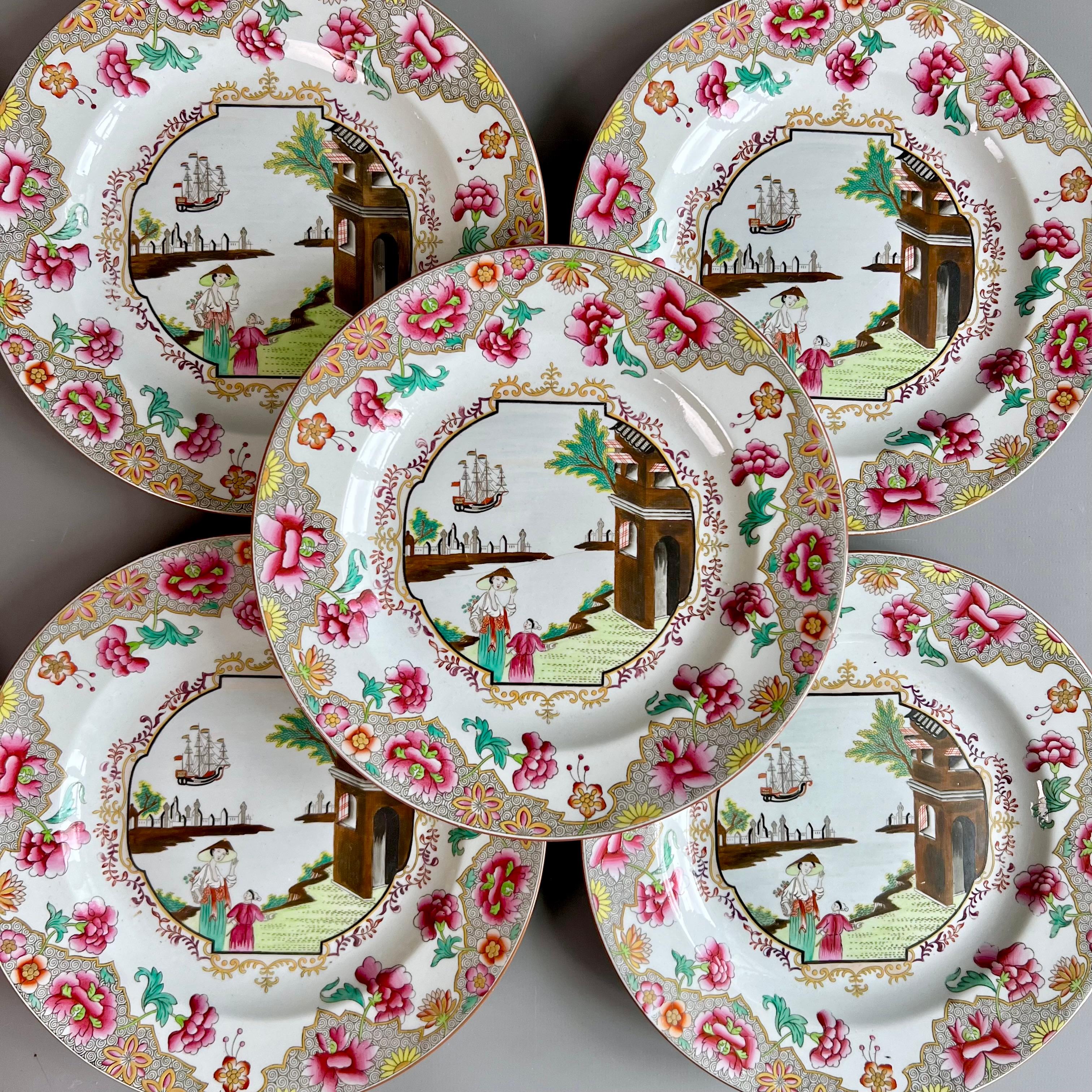 This is a stunning and rare Spode dessert service made between 1813 and 1822, consisting of a centre piece, a lozenge shape dish, four shell dishes and ten plates. The service is made of Stone China and decorated in the famous and desired 