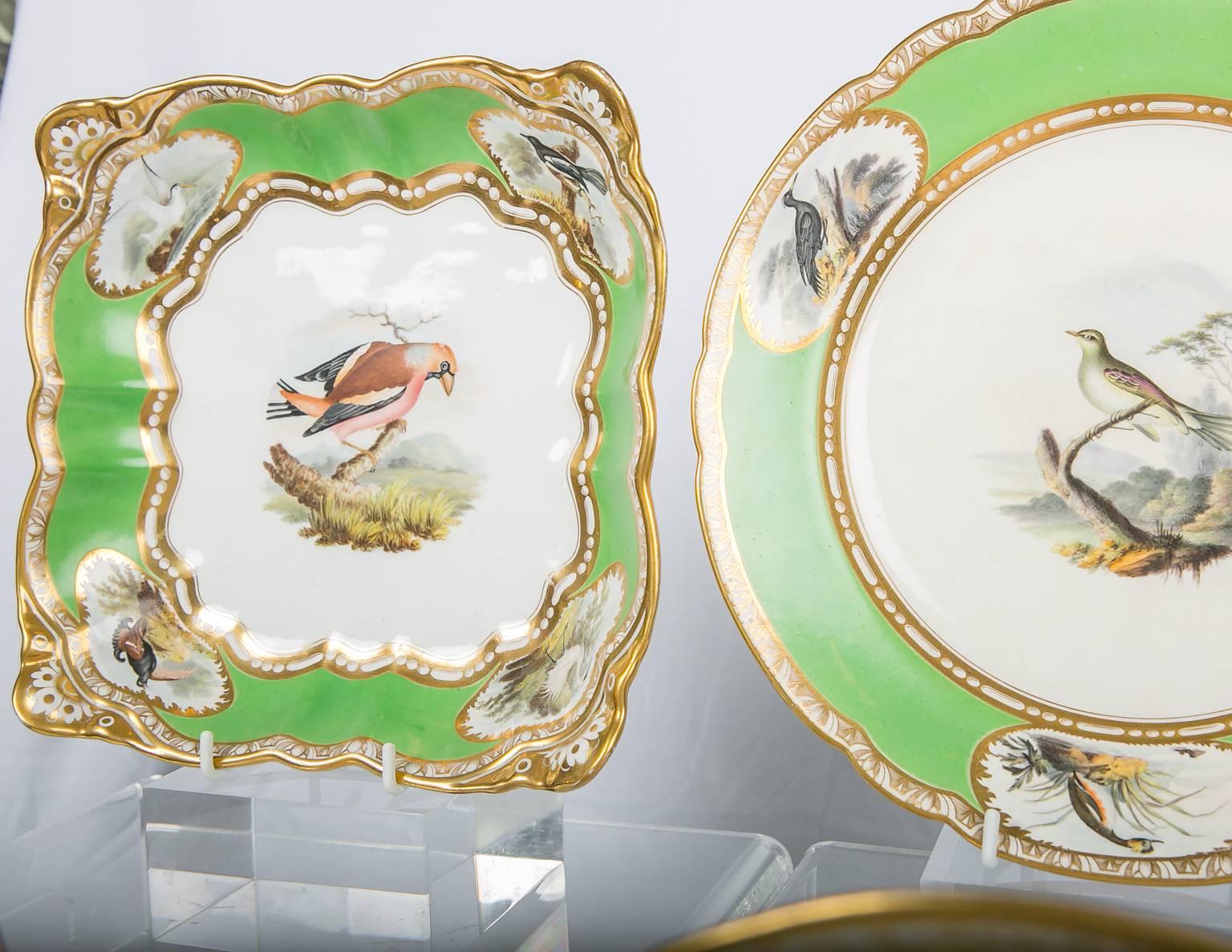Spode Dishes with Hand-Painted Birds and Apple Green Borders In Excellent Condition In Katonah, NY
