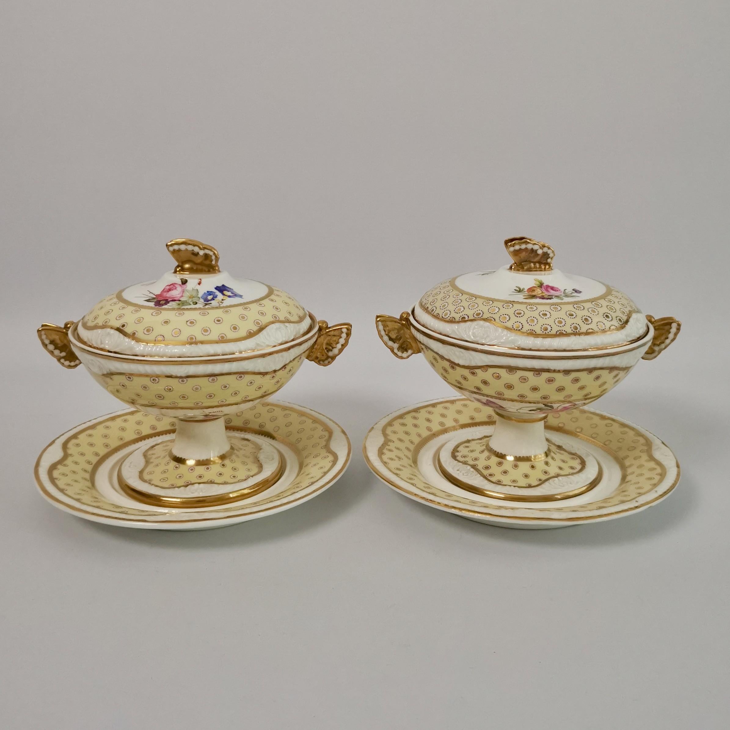 Spode Felspar Floral Dessert Service, Gelb, Schmetterlingsgriffe, um 1822 (Regency) im Angebot
