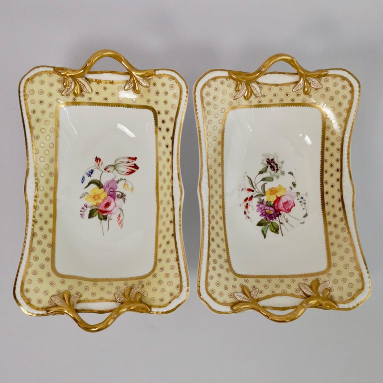 English Spode Felspar Floral Dessert Service, Yellow, Butterfly Handles, circa 1822 For Sale