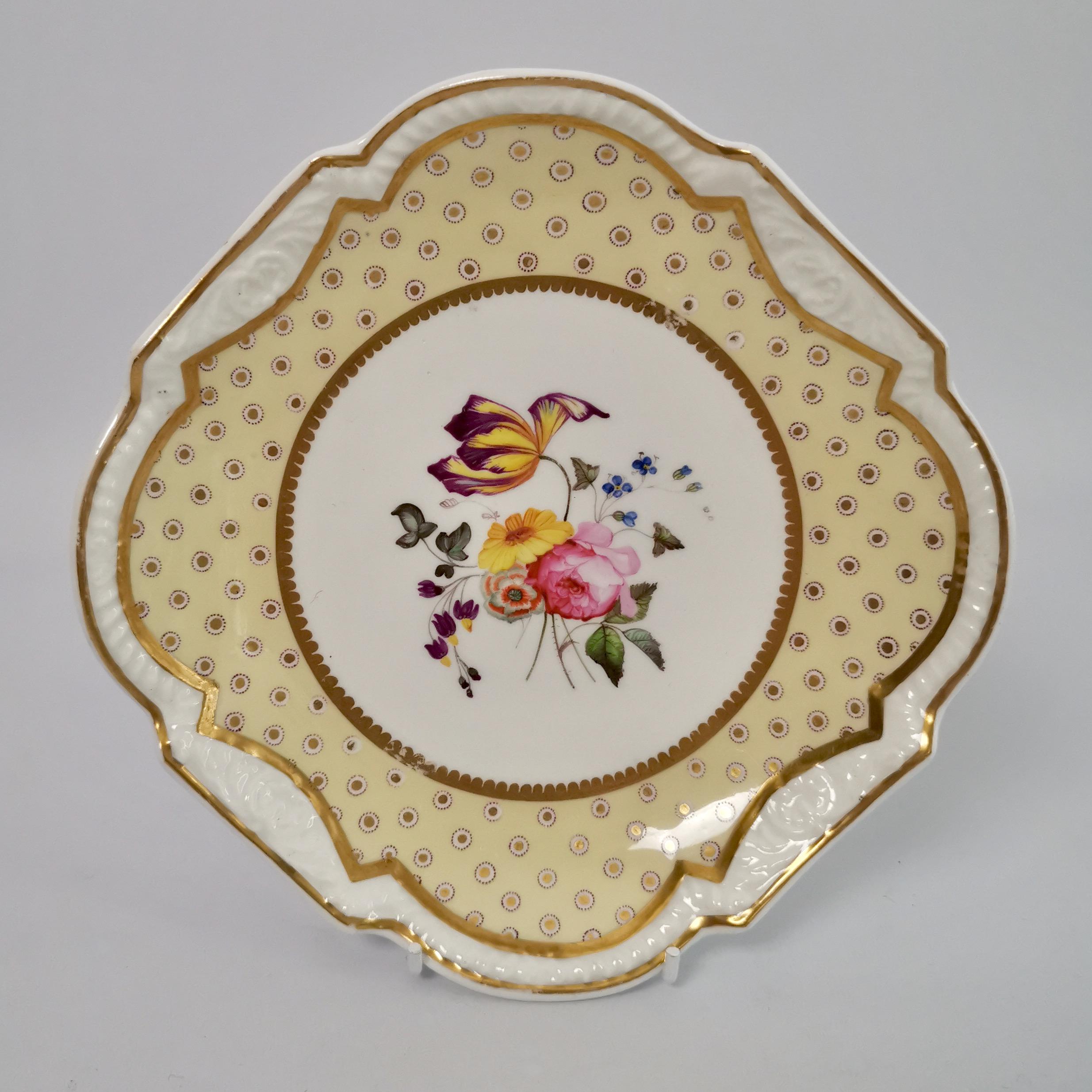Hand-Painted Spode Felspar Floral Dessert Service, Yellow, Butterfly Handles, circa 1822 For Sale