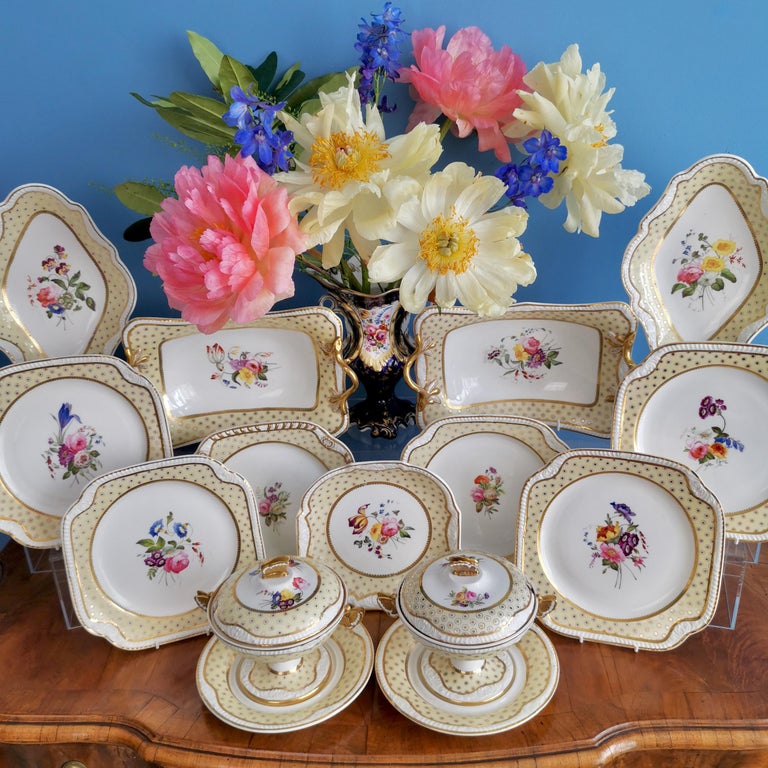 This is a stunning dessert service made by Spode in 1822, which was the Regency era. The service is made of Felspar porcelain and decorated in a beautiful pale yellow colour with an 