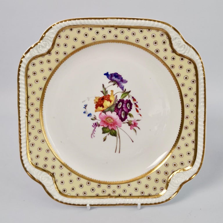 Porcelain Spode Felspar Floral Dessert Service, Yellow, Butterfly Handles, circa 1822 For Sale