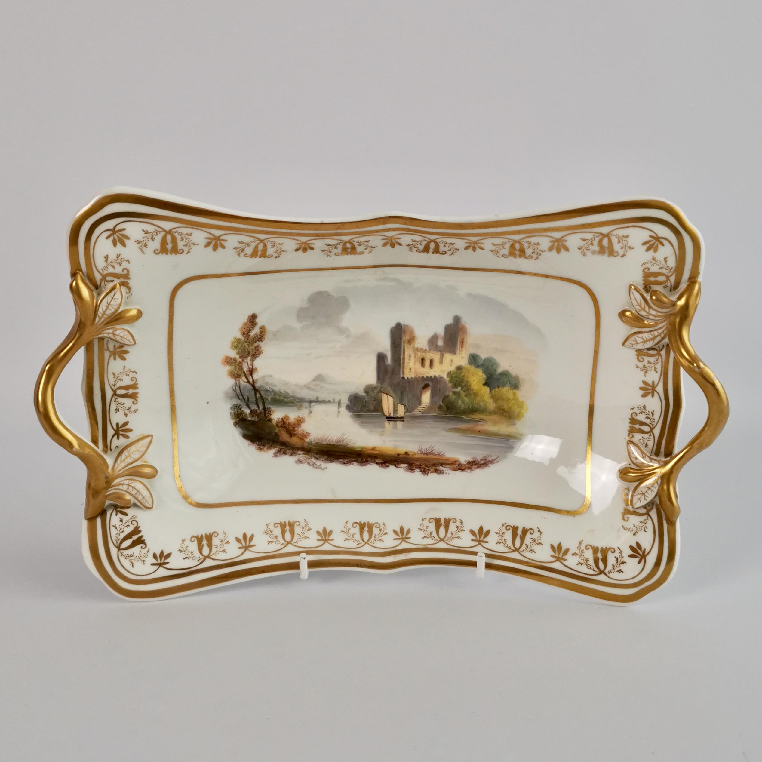 English Spode Felspar Porcelain Dessert Service, Landscape Paintings, Regency ca 1820