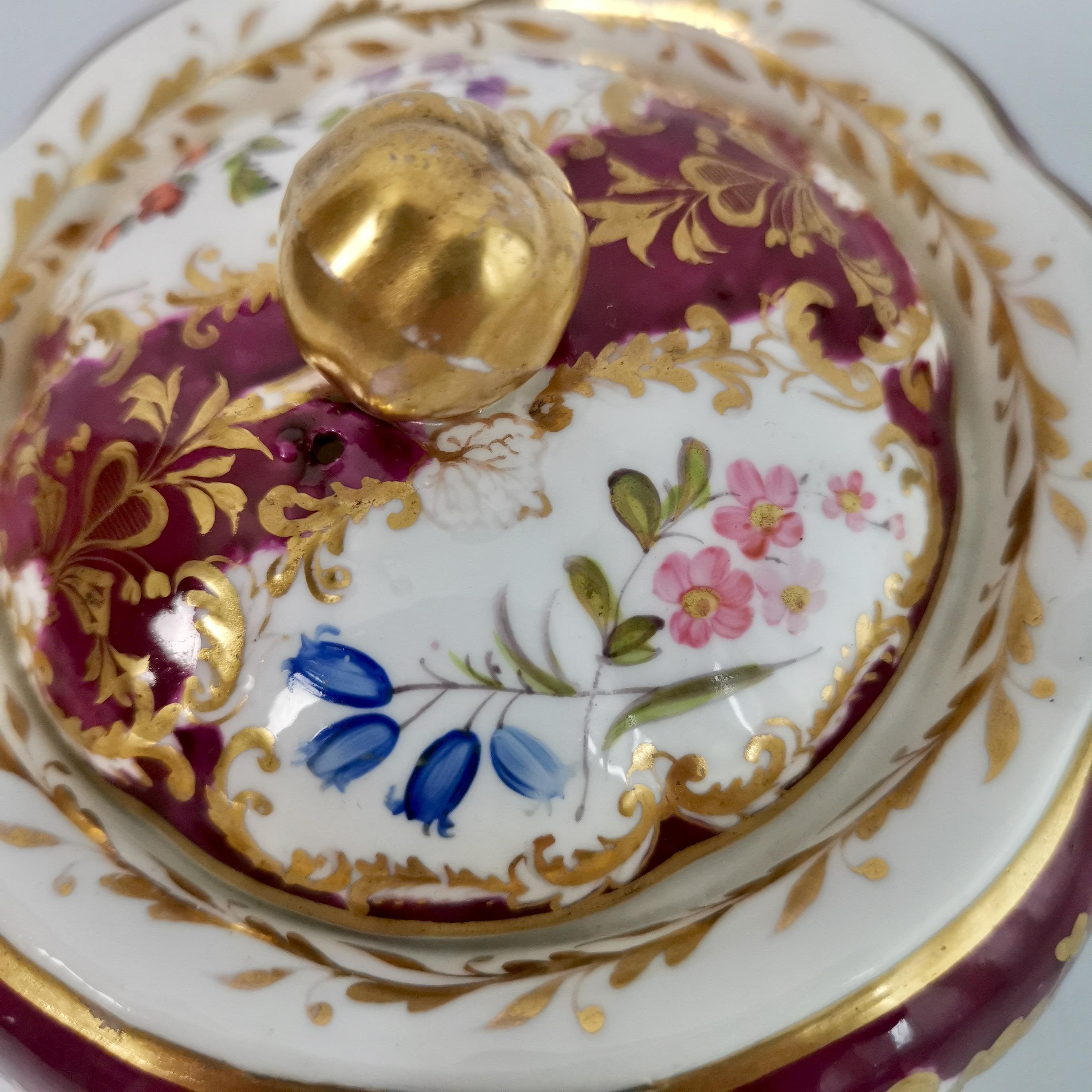 Spode Felspar Porcelain Sucrier, Maroon with Flowers, Rococo Revival, circa 1830 3