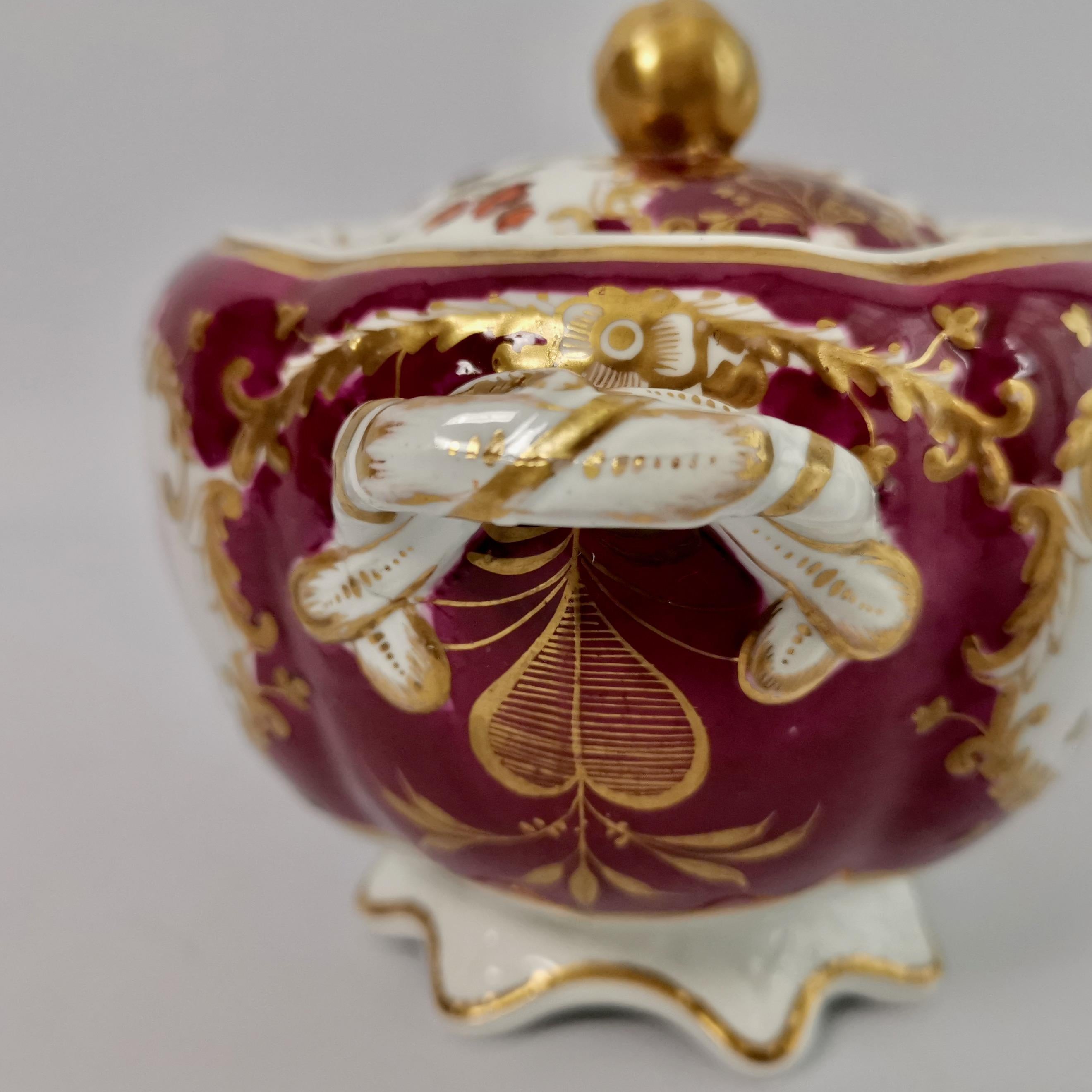 Spode Felspar Porcelain Sucrier, Maroon with Flowers, Rococo Revival, circa 1830 4