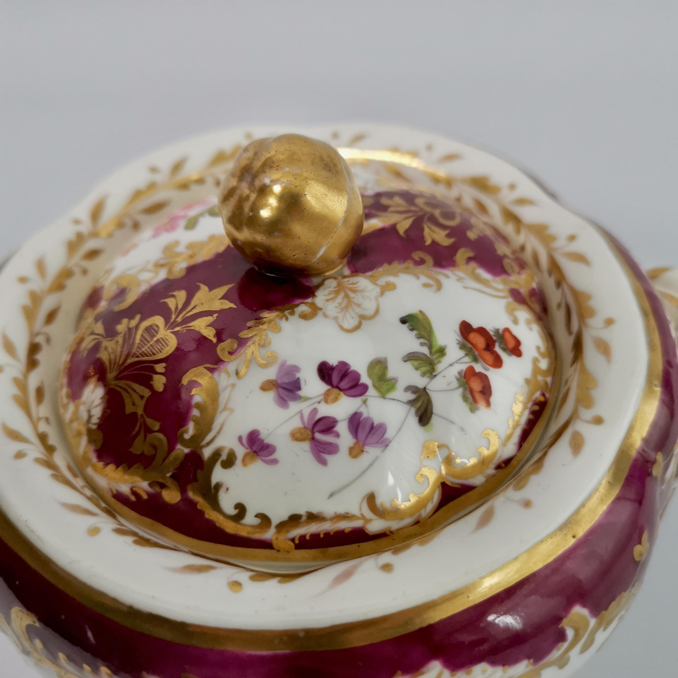 Spode Felspar Porcelain Sucrier, Maroon with Flowers, Rococo Revival, circa 1830 5