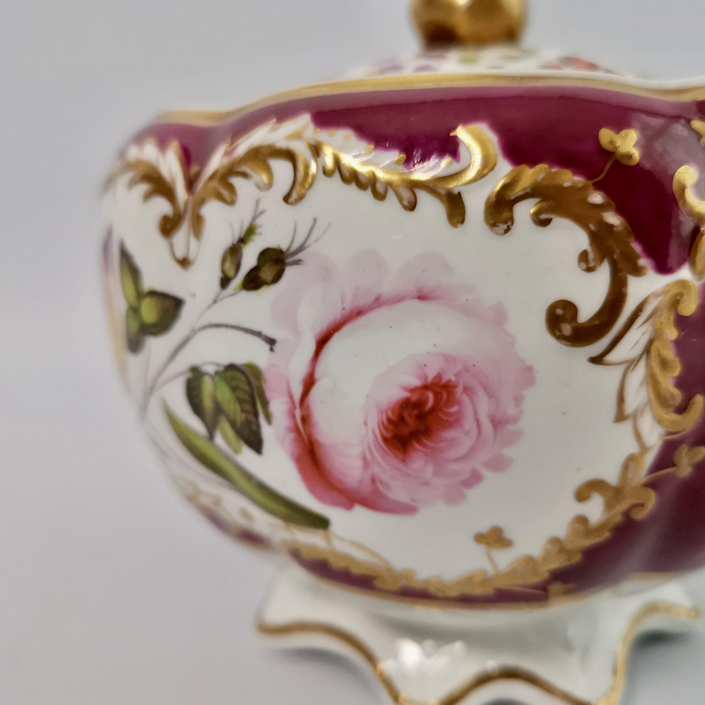 Spode Felspar Porcelain Sucrier, Maroon with Flowers, Rococo Revival, circa 1830 8
