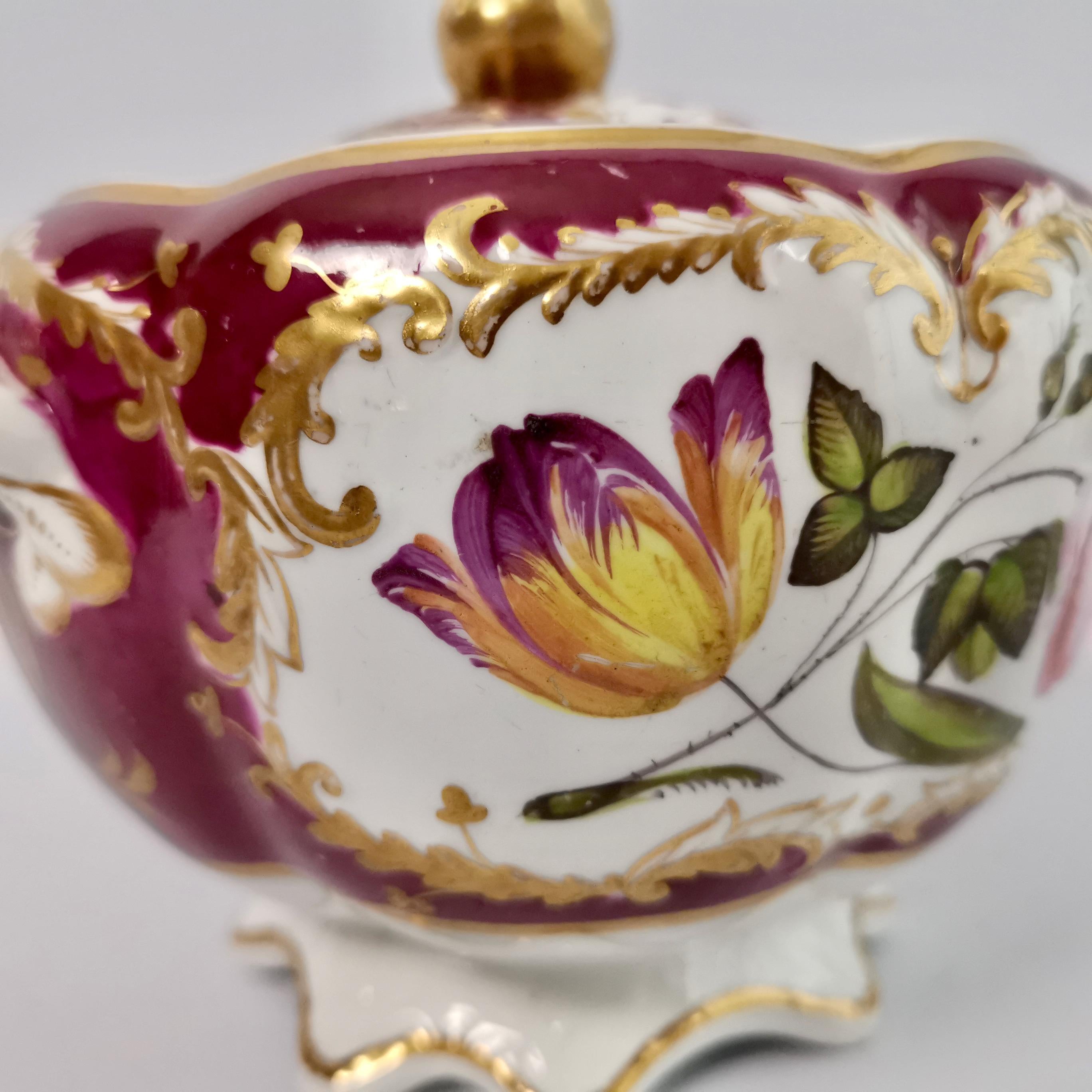 Spode Felspar Porcelain Sucrier, Maroon with Flowers, Rococo Revival, circa 1830 9
