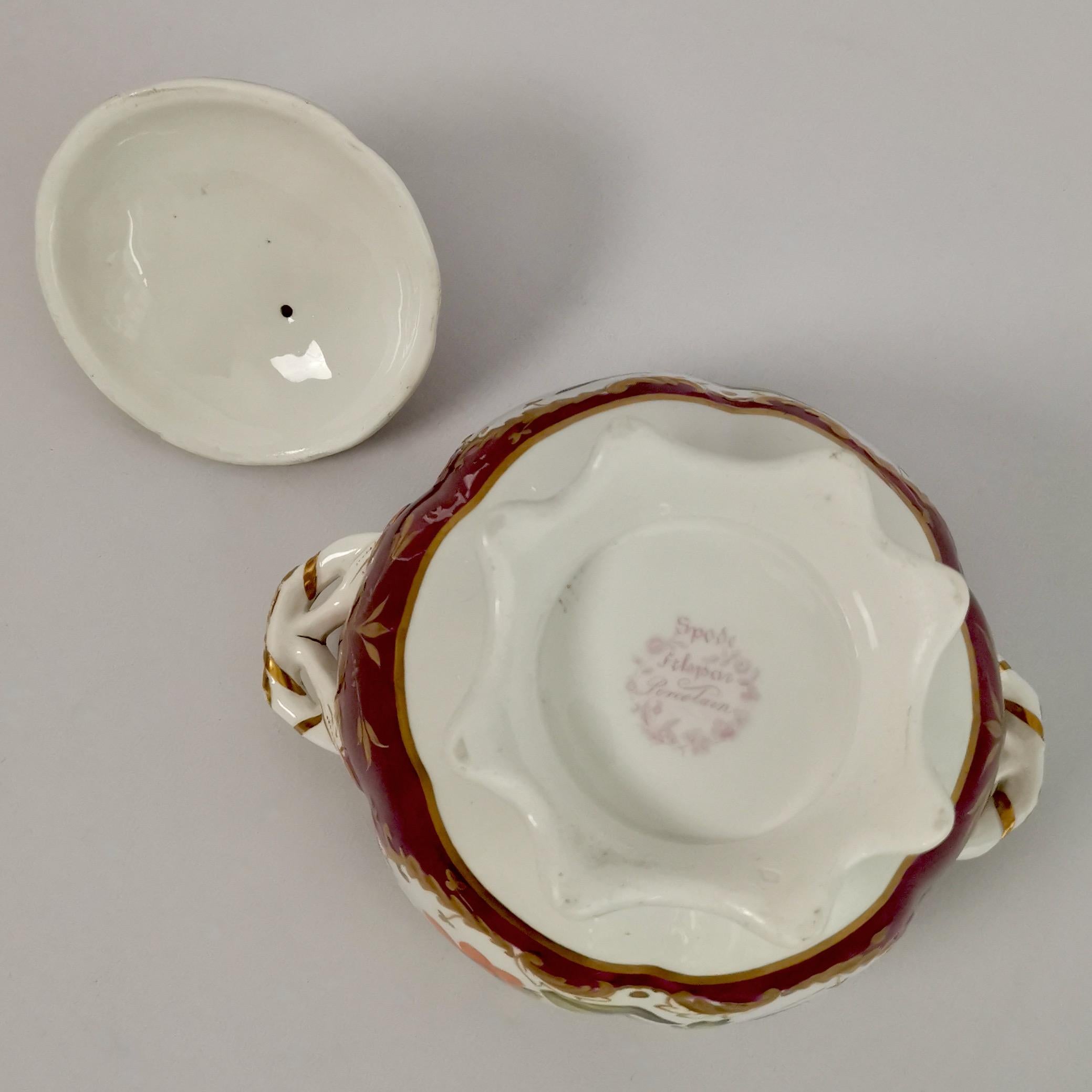 Spode Felspar Porcelain Sucrier, Maroon with Flowers, Rococo Revival, circa 1830 11