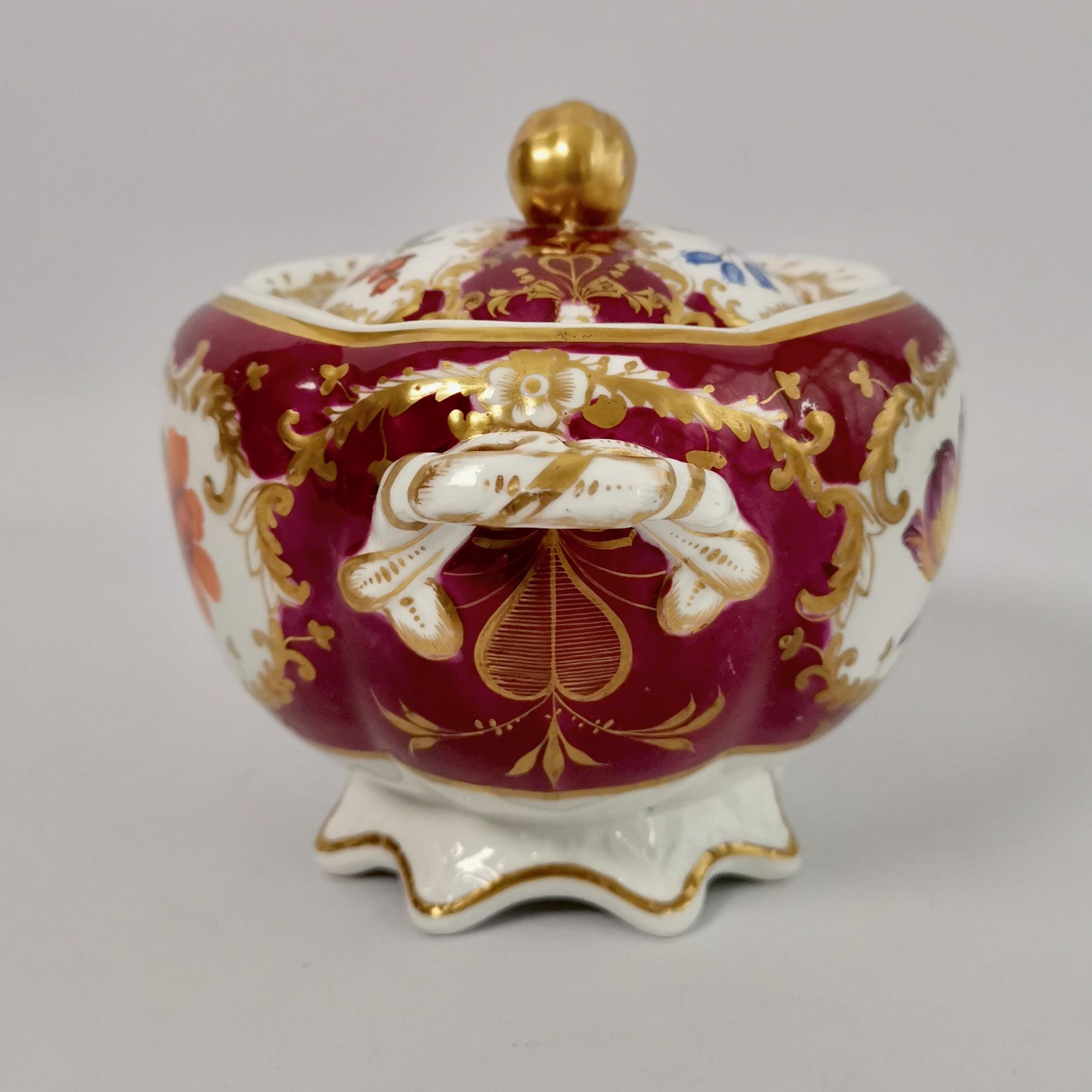 Regency Spode Felspar Porcelain Sucrier, Maroon with Flowers, Rococo Revival, circa 1830